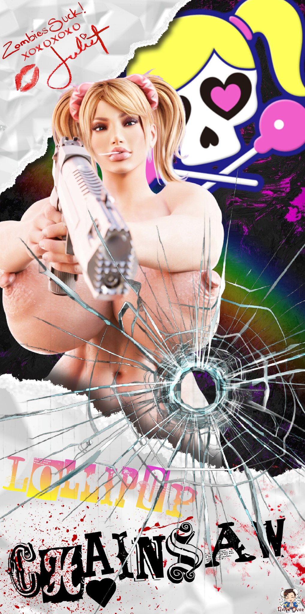 1girls, 3d, 3d (artwork), breasts, edit, edited, edited art, english text, female, female only, gun, juliet starling, lollipop chainsaw, nipples, pistol, sekaithereturn, solo, text, wallpaper, watermark