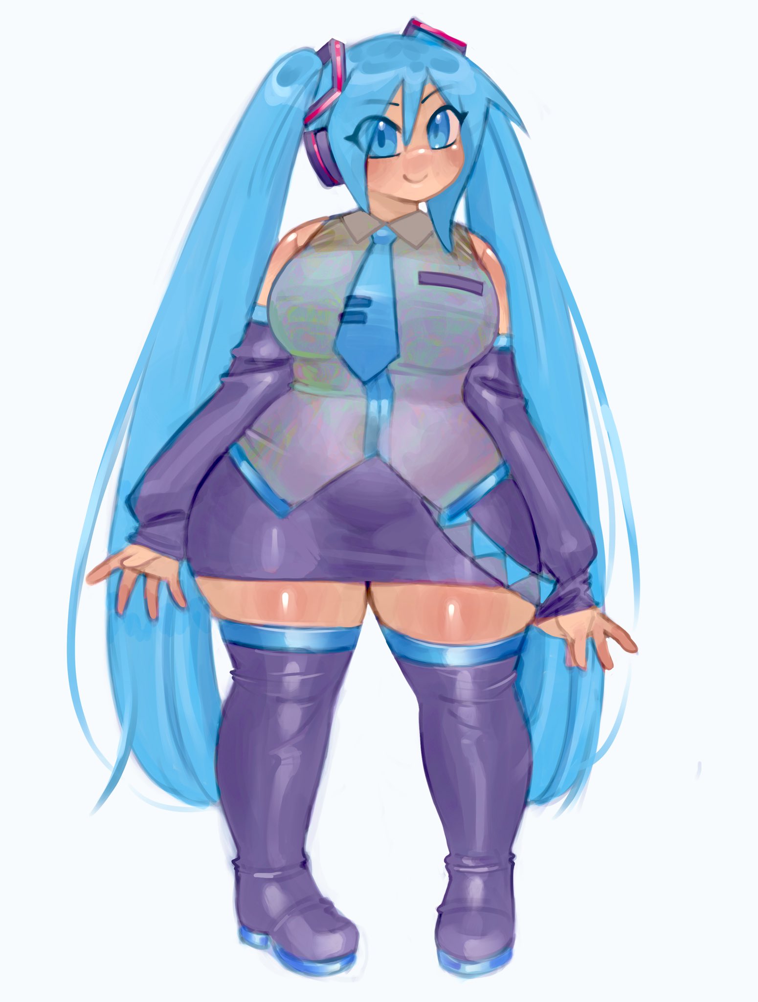 1girl, 1girls, belly, big breasts, blue eyes, blue hair, blue necktie, boots, breasts, clothed, clothed female, clothing, detached sleeves, eyes visible through hair, female, female only, full body, grey shirt, hatsune miku, large breasts, long hair, looking at viewer, necktie, pinkbobatoo, shirt, simple background, skiddioop, skirt, sleeveless, smile, solo, solo female, stereodaddy, thick thighs, thigh boots, thighhighs, thighs, twintails, very long hair, vocaloid, white background