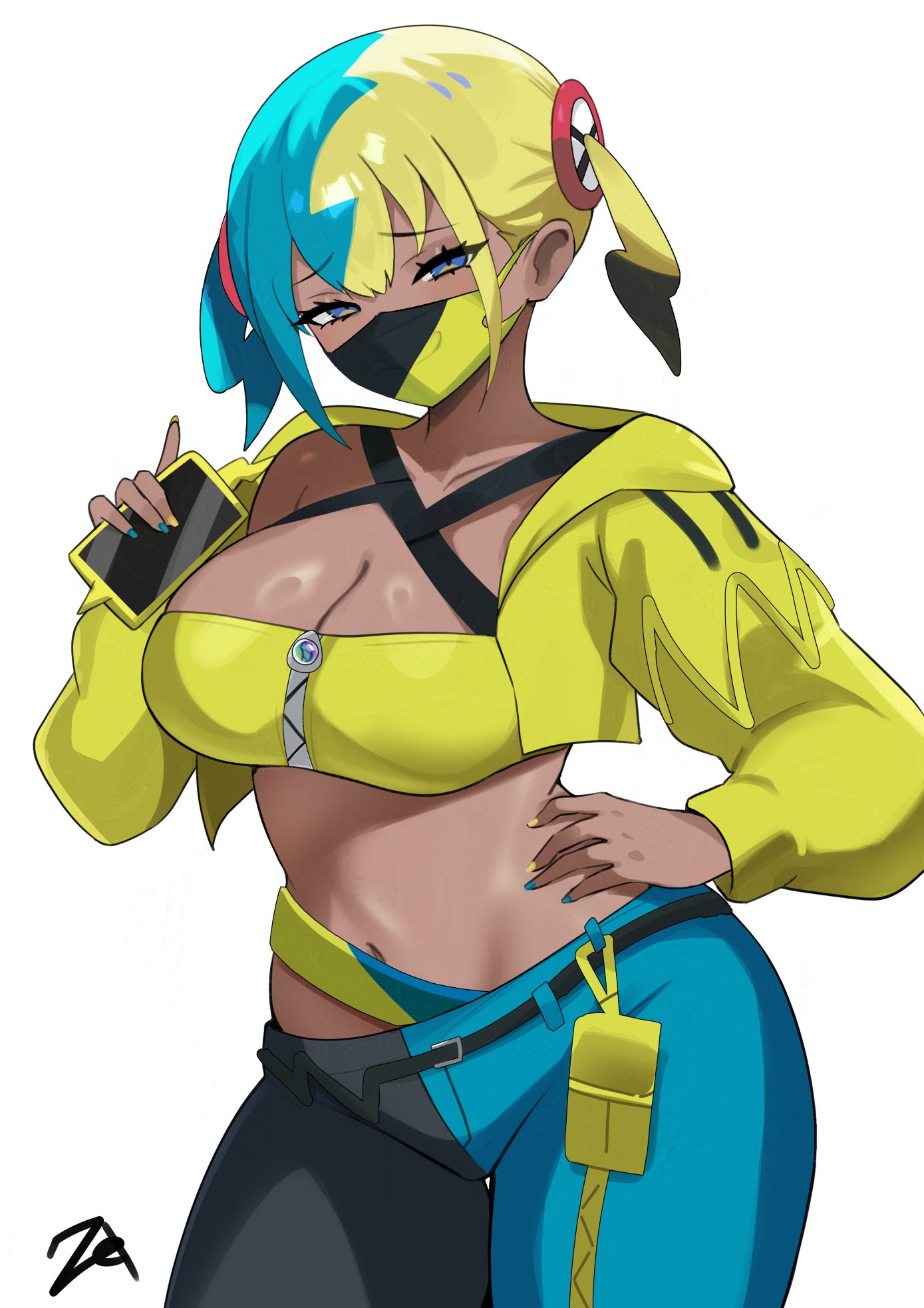 1girls, aqua hair, blonde hair, blue eyes, blue nails, breasts, canari (pokemon), canary (pokemon), cleavage, cowboy shot, cropped jacket, dark skin, dark-skinned female, female, game freak, highres, jacket, large breasts, leaning to the side, looking at viewer, mask, midriff, mouth mask, multicolored hair, multicolored pants, mutlicolored mask, nail polish, navel, nintendo, pants, pokemon, pokemon legends: z-a, simple background, solo, split-color hair, stomach, two-tone mask, two-tone pants, white background, yellow jacket, yellow nails, zet (twt zet)