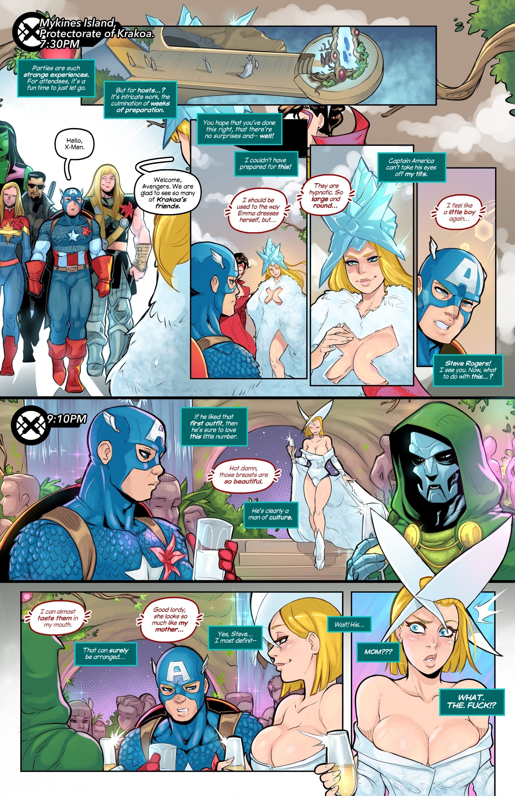 4boys, 5girls, avengers, blade (eric brooks), blade (marvel comics), blonde hair, blue eyes, blue lipstick, breasts, canon fetish, canonical scene, captain america, captain america (series), captain america's shield, captain marvel, carol danvers, caught staring, classy, classy female, cleavage, cleavage cutout, cleavage dress, cleavage overflow, cleavage window, comic, comic page, doctor doom, dress, drink, drinking glass, emma frost, fantasizing, fantastic four, female, hellfire gala, hulk (series), incestuous desire, krakoa, large breasts, male, marvel, marvel comics, milk, mind reading, party, psychic, psychic powers, scene reference, seductive, seductive female, she-hulk, shocked, staring, staring at breasts, telepath, thor (marvel), thor (series), tracyscops, using powers, x-men