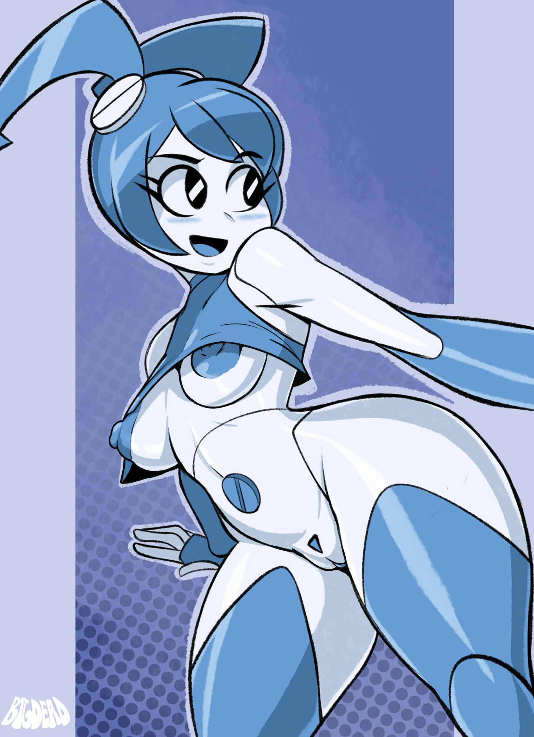 bigdeadalive, blue hair, blue nipples, breasts, female, high resolution, highres, jenny wakeman, medium breasts, my life as a teenage robot, nickelodeon, nipples, pussy, robot, robot girl, robot humanoid, thick thighs, twintails, vagina, white skin