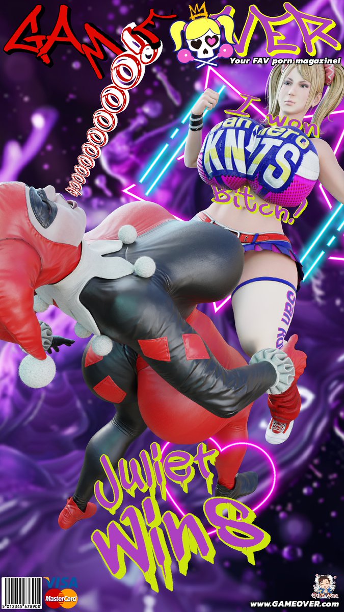 2girls, 3d, 3d (artwork), batman (series), crossover, dc, dc comics, edit, edited, edited art, female, female only, harley quinn, harley quinn (classic), harley quinn (injustice), injustice 2, juliet starling, lollipop chainsaw, magazine cover, sekaithereturn, xxxgameoverxx