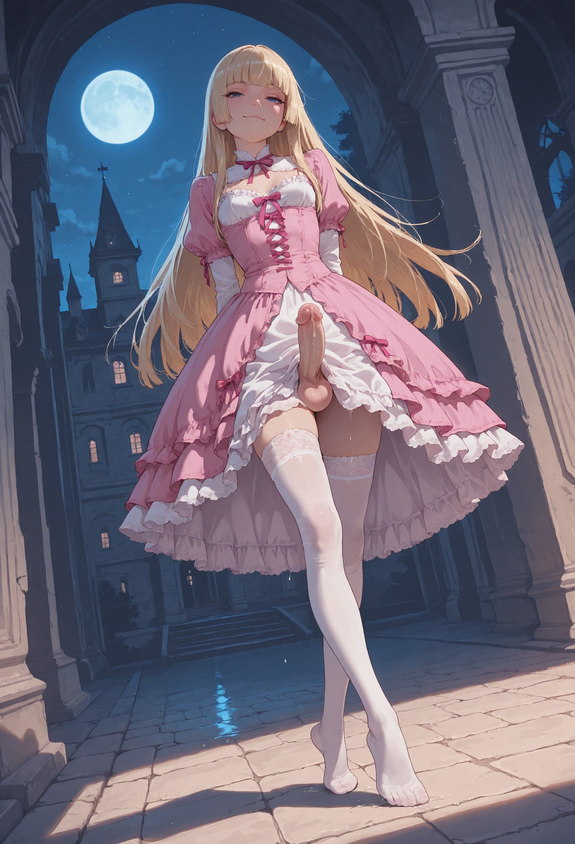 1futa, ai generated, balls, big penis, blonde hair, blue eyes, breasts, dress, erection, female, frills, full body, futa only, futanari, hands behind back, highres, hime cut, hime girl (jamesbron), intersex, jamesbron, large penis, legs, long hair, long legs, looking at viewer, mansion, night, no panties, on toes, outdoors, penis, pink dress, precum, small breasts, smug, solo, solo futa, stockings, thighhighs, thighs, white legwear, white stockings, white thighhighs