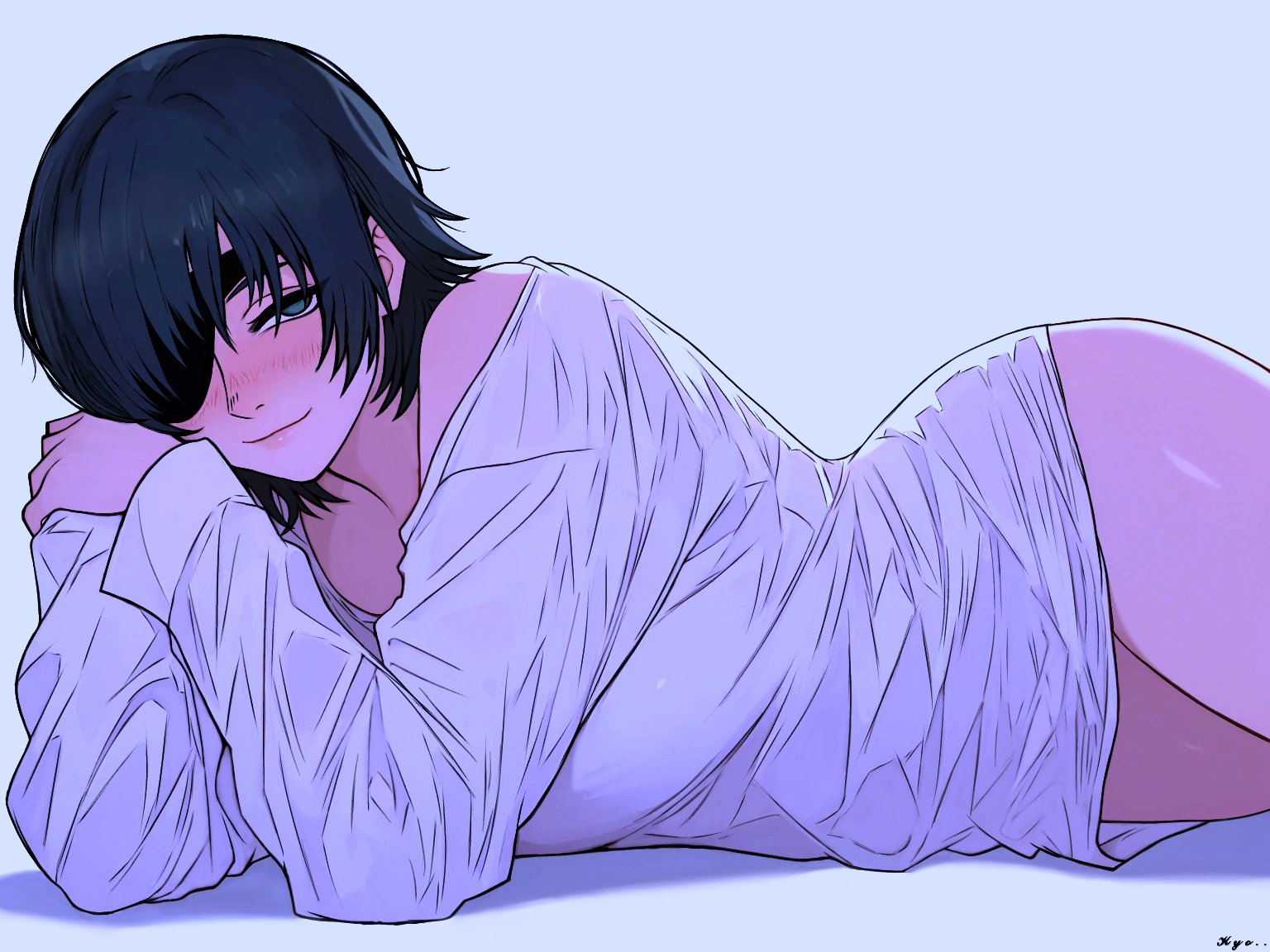 1girls, beautiful, chainsaw man, clothing, curvy female, curvy figure, female, himeno (chainsaw man), no pants, sexy pose, short hair, simple background, solo female, solo focus, thighs