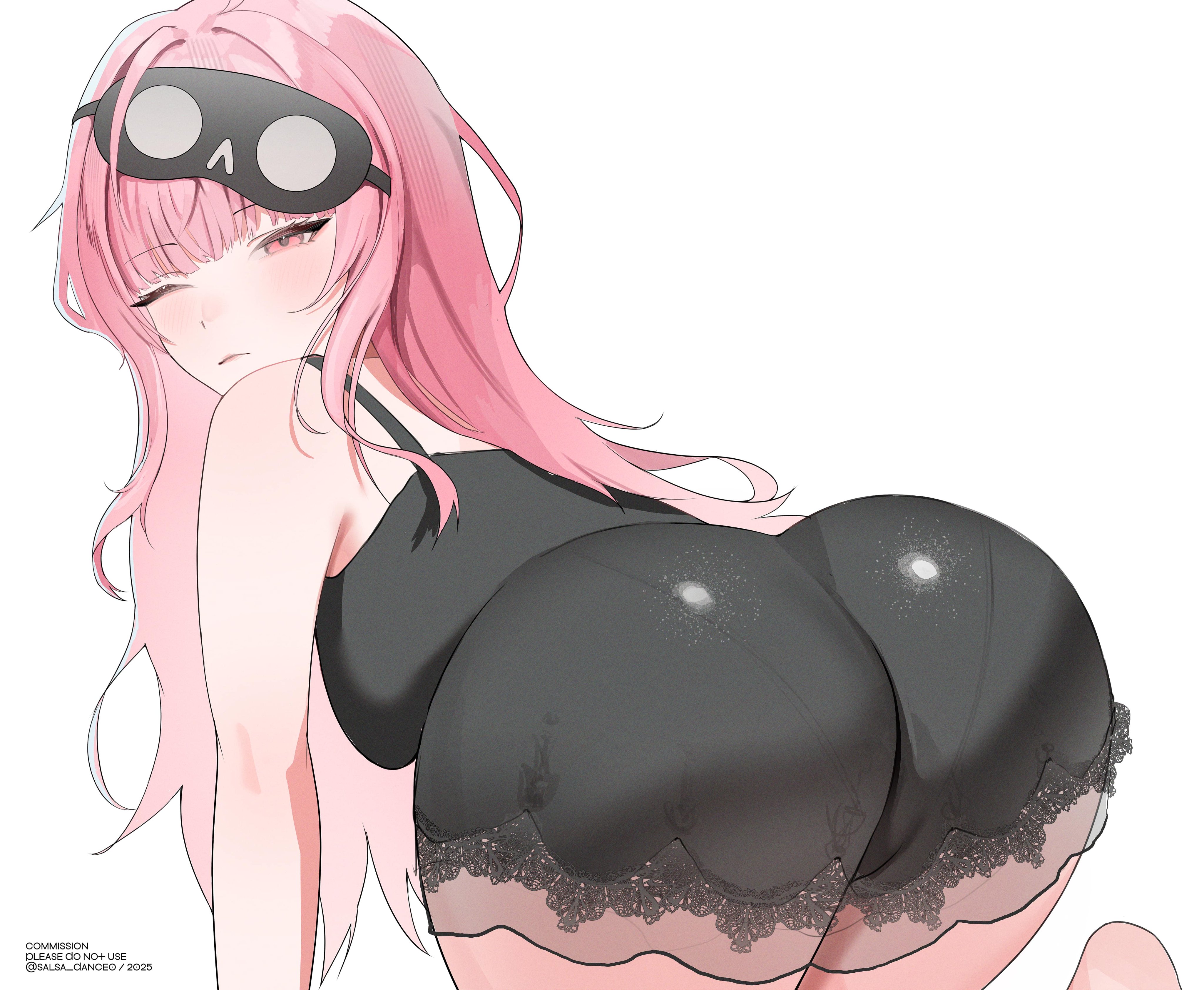 1girls, 2025, ass, ass up, bare shoulders, big ass, female, female only, hi res, hololive, hololive english, hololive myth, light skin, light-skinned female, looking back, mori calliope, mori calliope (sleepwear), one eye closed, pink eyes, pink hair, salsa dance, simple background, sleepwear, solo, viewed from behind, virtual youtuber, white background