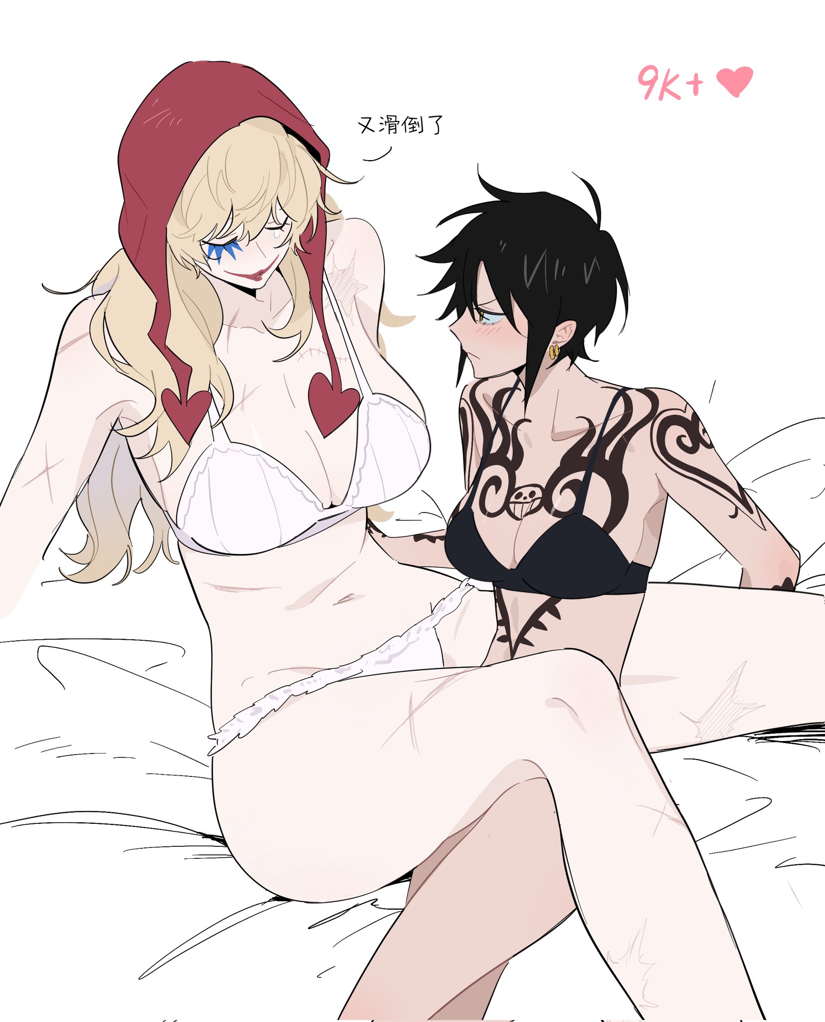 2girls, big breasts, black bra, black hair, blonde hair, blush, bra, breasts, chest tattoo, cleavage, donquixote rosinante, facepaint, female, female only, galiguomin, genderswap (mtf), hat, long hair, makeup, one piece, pale skin, pale-skinned female, panties, rule 63, scars, scars all over, short hair, shoulder tattoo, sitting, tattoo, tattoos, trafalgar law, trafalgar law (female), translation request, white bra, white panties, wide hips, yuri