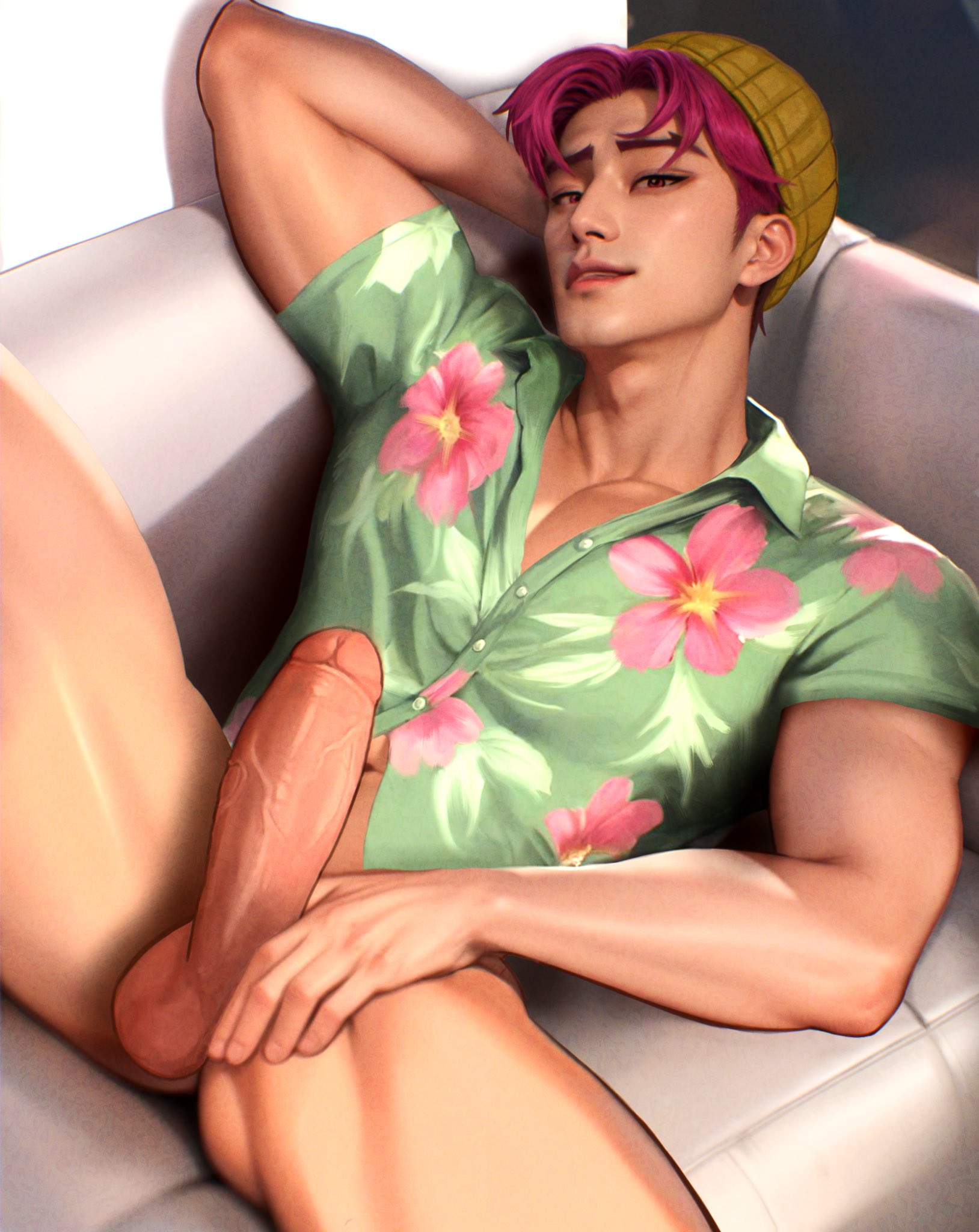1boy, abby (kpop demon hunters), balls, bara, bottomless, genjiro, kpop demon hunters, male, male focus, male only, muscular, muscular male, penis, pink hair, saja boys, solo, solo male, yaoi