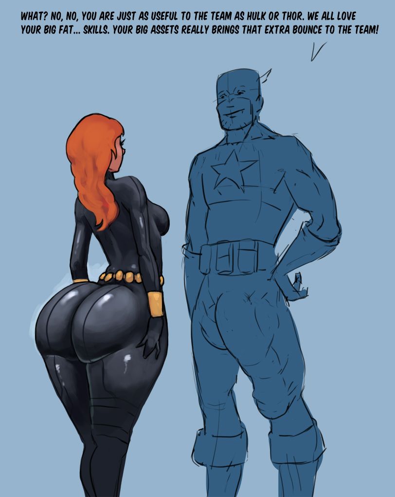 1boy, 1girls, ass, avengers, big ass, black widow (marvel), bodysuit, bottom heavy, bulge, captain america, female, huge ass, huge cock, jumpsuit, latex, male, marvel, marvel comics, natasha romanoff, penis, penis shaped bulge, red hair, shiin, steve rogers, straight, tight clothing