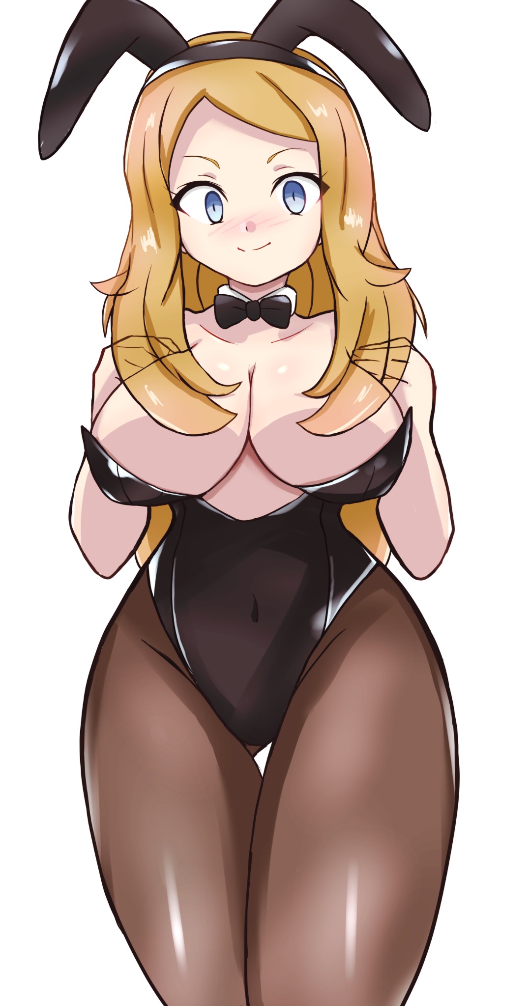 1girls, black bunnysuit, blue eyes, blush, breasts, bunny ears, bunnysuit, covered navel, female, game freak, hair covering breasts, large breasts, long hair, looking at viewer, nintendo, nipples, playboy bunny, pokemon, pokemon xy, retori tori, serena (pokemon), simple background, solo, solo female, solo focus, thick thighs, thighs, white background
