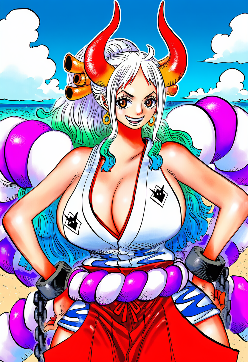1girls, accurate art style, accuratemanga, ai generated, beach, breasts, clothing, day, female, female only, gigantic breasts, huge breasts, large breasts, light skin, light-skinned female, long hair, manga, manga style, one piece, outside, smile, standing, suggestive, thick thighs, two-tone hair, white hair, white-haired female, wide hips, yamato (one piece), young