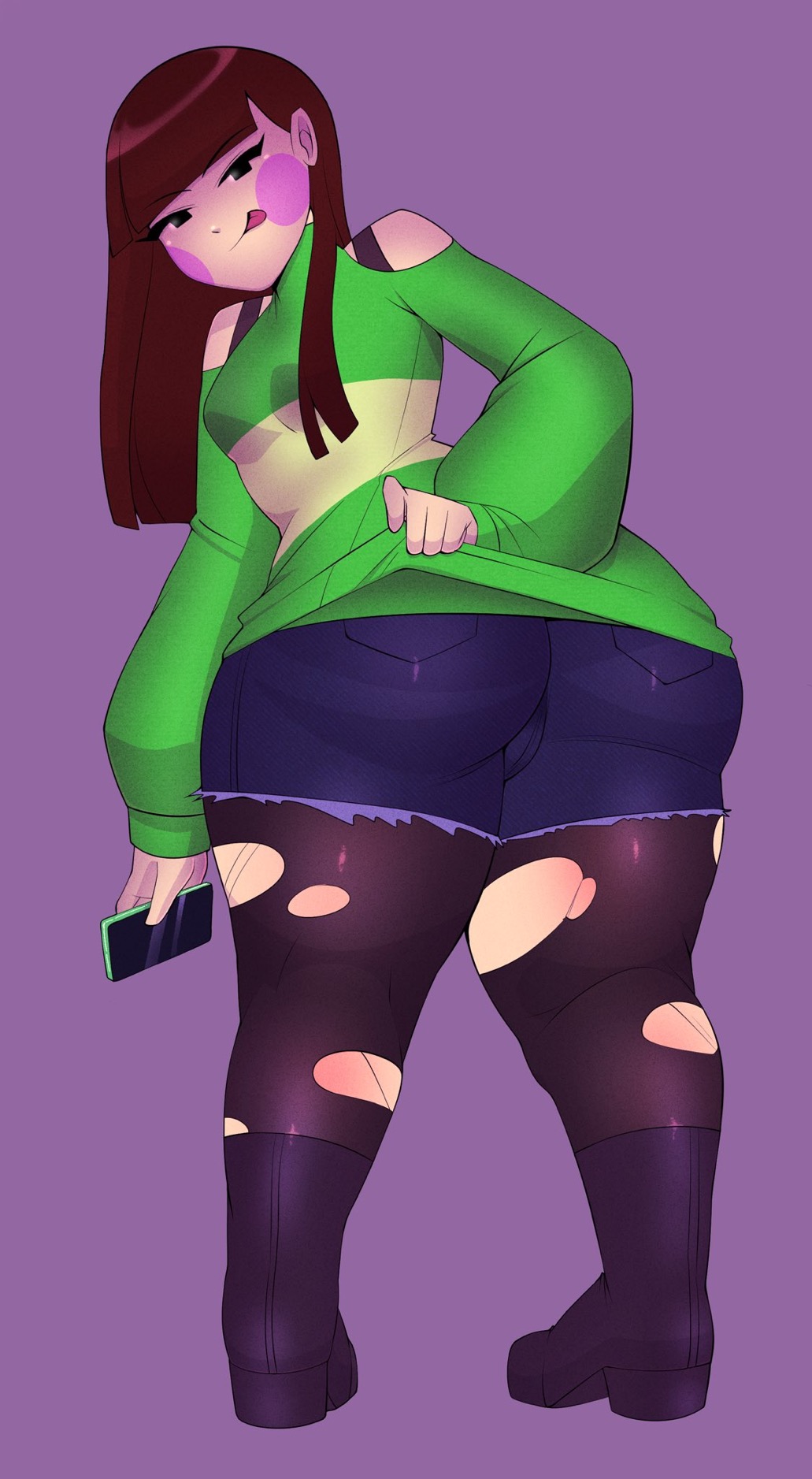 1girls, ass, big ass, breasts, cameltoe, chara, clothed, clothed female, clothing, female, female chara, female only, jean shorts, jeans, long hair, looking at viewer, pantyhose, pinkbobatoo, ripped pantyhose, skiddioop, small breasts, smile, smiling, solo, solo female, stereodaddy, striped sweater, sweater, sweater lift, thick thighs, torn pantyhose, undertale, undertale (series), wide hips