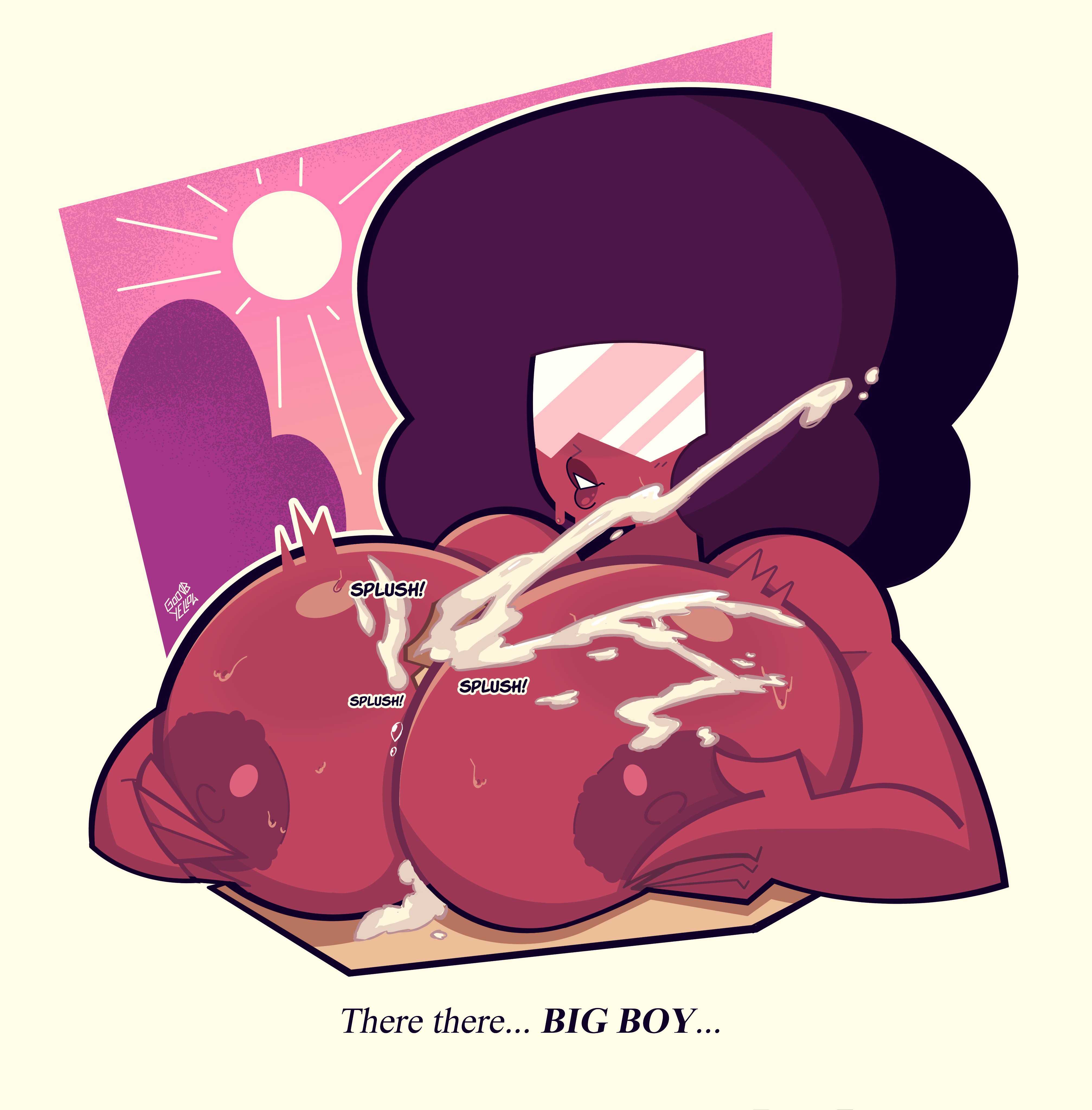 1boy, 1girls, alien, alien girl, athletic female, breasts, cartoon network, cum, cum between breasts, cum on breasts, english text, female, garnet (steven universe), goodbyellow, hellavenderr, huge breasts, human, human on humanoid, humanoid, interracial, interspecies, light-skinned male, male, male/female, nipples, paizuri, steven universe, titjob