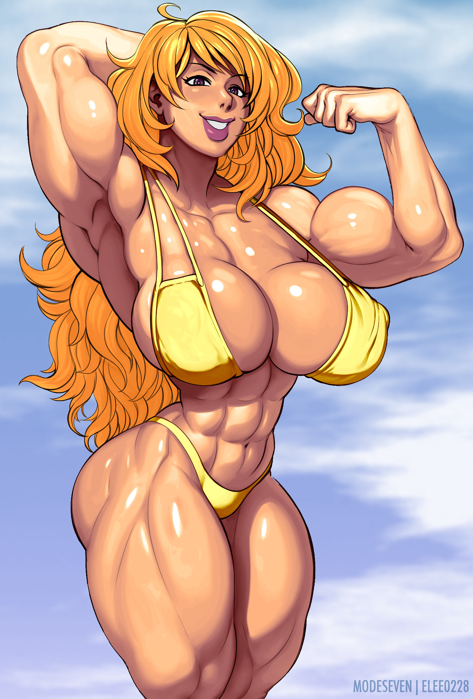 abs, armpits, arms behind head, biceps, bikini, blonde hair, breasts, cleavage, elee0228, female, female only, flexing, human, large breasts, lipstick, long hair, modeseven, muscles, muscular, muscular female, navel, outdoors, pose, purple eyes, solo, thong, yellow bikini