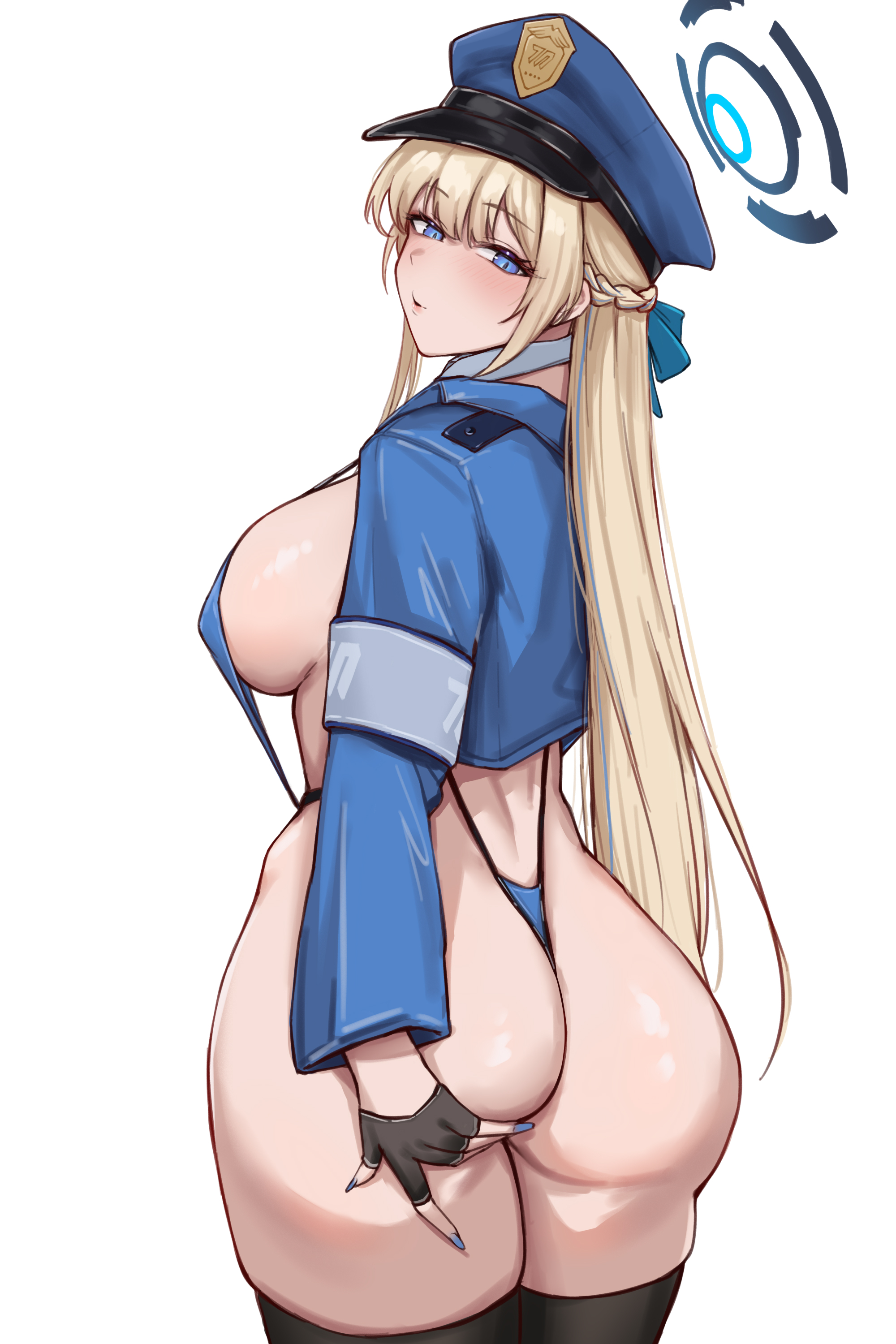 1girls, absurdres, ass, black thighhighs, blonde hair, blue archive, blue eyes, blue halo, blue hat, blush, breasts, cleaning & clearing (blue archive), cropped jacket, e.c.ho, female, female only, halo, hand on own ass, hat, highres, large breasts, light skin, light-skinned female, long hair, looking back, millennium science school student, sideboob, simple background, solo, swimsuit, thighhighs, toki (blue archive), white background