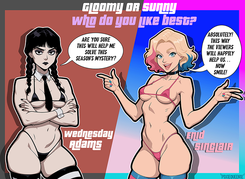2girls, aged up, big ass, big breasts, black hair, blonde female, blonde hair, breasts, curvaceous, curvy, curvy figure, dark hair, digital media (artwork), emma myers, enid sinclair, female, goth, goth girl, hips, jenna ortega, legs, pixiqueenie, slim waist, the addams family, thick, thick hips, thick legs, thick thighs, thighs, voluptuous, waist, wednesday (netflix), wednesday addams, wide hips