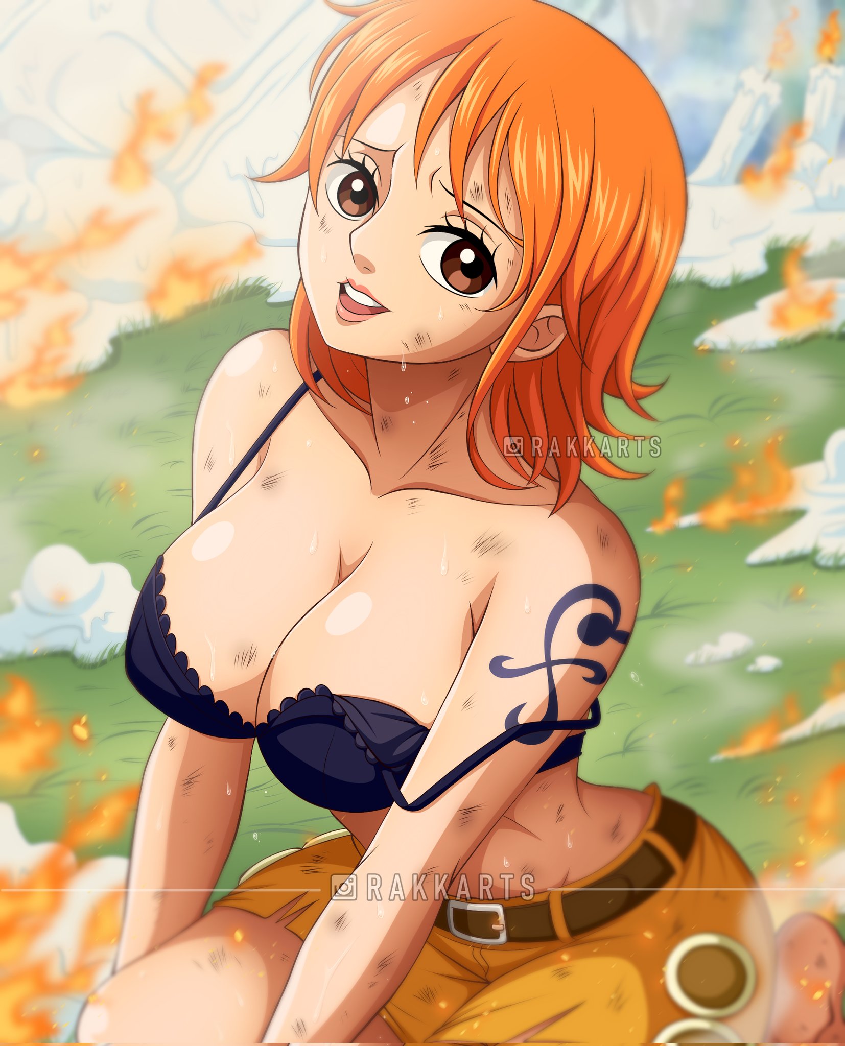 1girls, arm tattoo, artist name, big ass, big breasts, blue tattoo, bra, breasts, candle, female, female only, fire, grass background, large hips, little garden, looking at viewer, nami (one piece), on knees, one piece, orange eyes, orange hair, orange-haired female, outside, pre-timeskip, rakara11, seductive, sexy, tattoo, underwear, wax