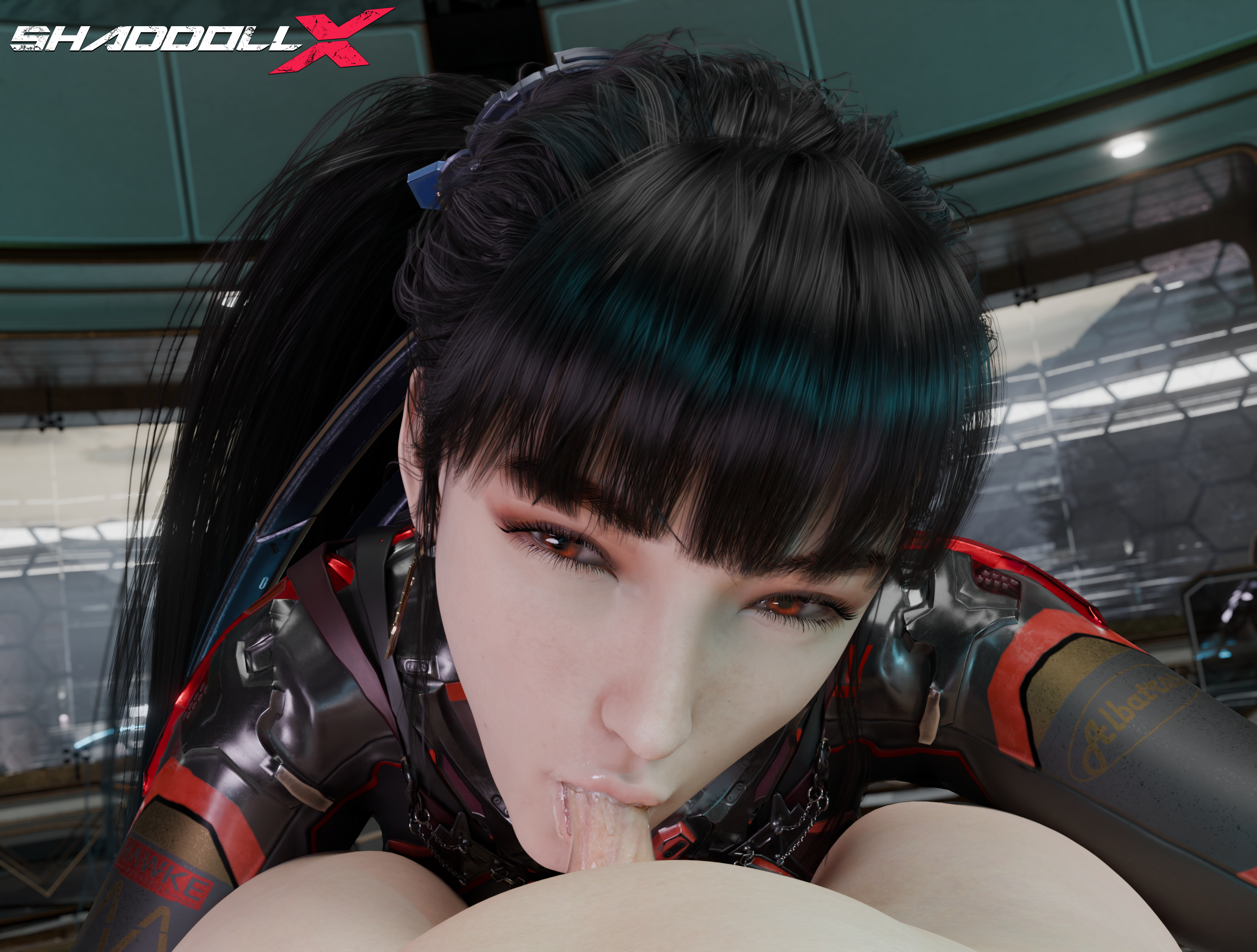 :>=, 1boy, 1girls, 3d, black hair, blowjob, crossover, eve (stellar blade), female, looking at viewer, male, micropenis, nier: automata, oral, oral sex, penis, shaddoll x, shift up, small penis, small penis adoration, stellar blade, straight, sucking, sucking penis, tiny penis, vacuum fellatio, yorha 9s