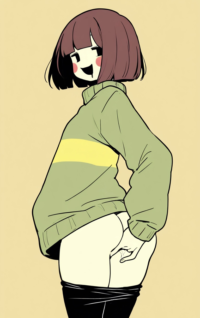 ai generated, anal fingering, blush stickers, chara, drooling, female, fingering, fingering self, oversized sweater, pants down, sweater, tagme, tights, tights down, undertale