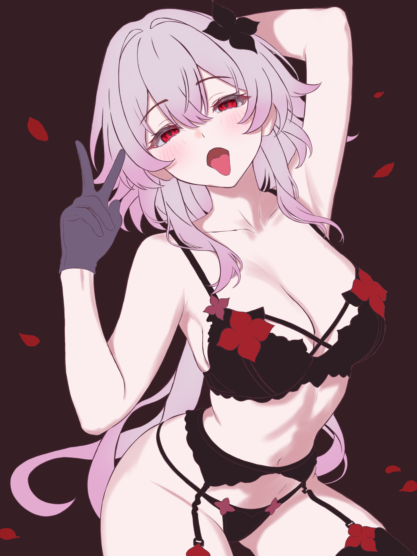 1girls, black bra, black underwear, evernight (honkai: star rail), female, honkai: star rail, lingerie, long hair, march 7th (honkai: star rail), peace sign, pink hair, red eyes, tongue out, zeamilky