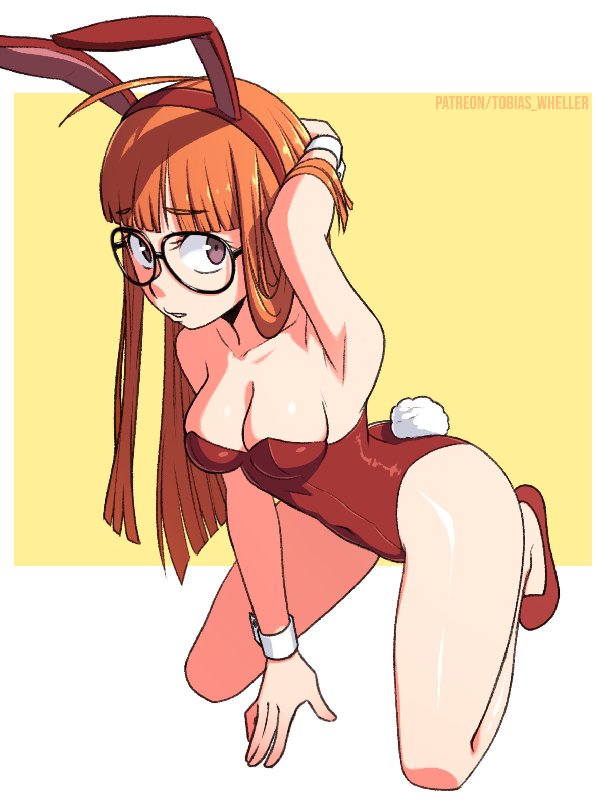 2d, 2d (artwork), atlus, bunny ears, bunny girl, cute, female, female focus, female only, human, human only, persona, persona 5, petite, petplay, sakura futaba, solo, solo female, solo focus, thighs