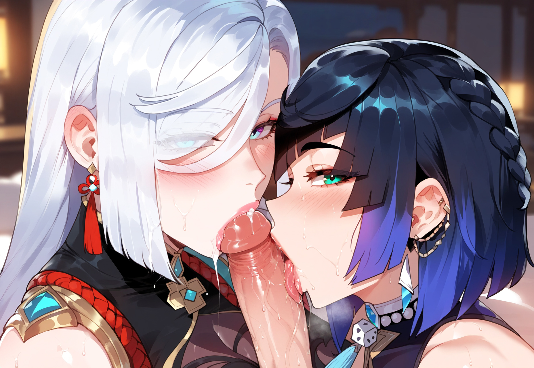 1boy, 2girls, ai generated, bangs, bare shoulders, black hair, blue eyes, blue hair, blush, bob cut, braid, breasts, clothing, cooperative fellatio, curvaceous, curvaceous female, curvaceous figure, curvy, curvy figure, diagonal bangs, dice, earrings, erection, eyes visible through hair, fellatio, female, female focus, ffm threesome, genshin impact, green eyes, group sex, hair over one eye, hoyoverse, jewelry, large breasts, licking, licking penis, long hair, looking at viewer, makeup, male, mihoyo, miyuai, multicolored hair, multiple females, multiple girls, open mouth, oral, penis, piercing, saliva, shenhe (genshin impact), short hair, straight, tassel, tassel earrings, teamwork, threesome, tongue, tongue out, voluptuous, voluptuous female, white hair, yelan (genshin impact)