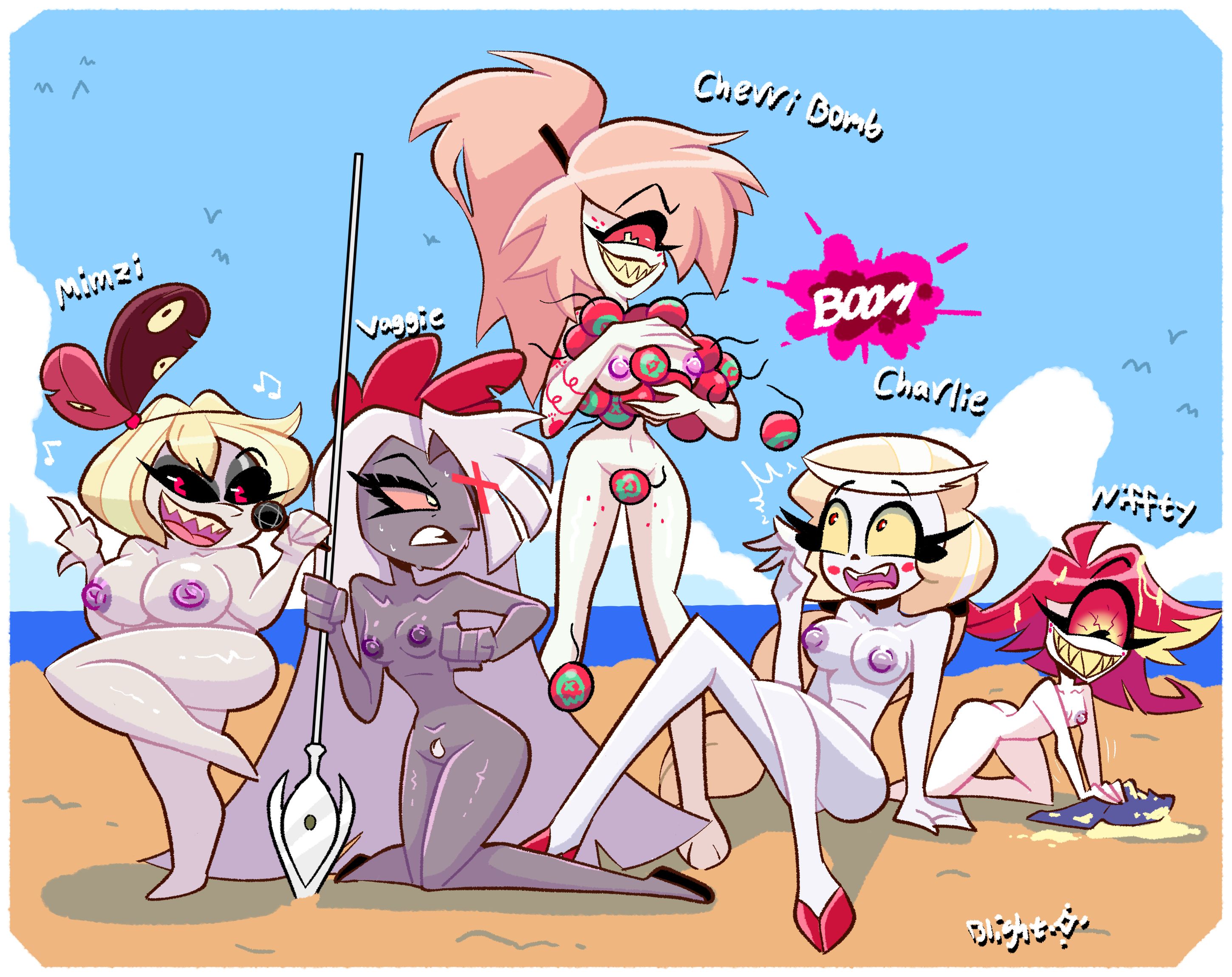 1 eye, 5girls, angel, angry, beach, black sclera, blightstar, blonde hair, bomb, breasts, character name, charlie morningstar (hazbin hotel), cherri bomb, cleaning, cleaning rag, convenient censoring, dropping object, explosion, eyepatch, female, female only, flipping off, grey body, hair to the ground, hazbin hotel, holding bomb, hooves, kneeling, large breasts, micro female, microphone, mimzy (hazbin hotel), naked, naked footwear, niffty, one leg up, outdoors, pubic hair, red sclera, royalty, sharp teeth, shortstack, singing, sinner, sitting, small breasts, smile, smiling, spear, standing, tagme, vaggie (hazbin hotel), vivienne medrano, water, white body, worried, yellow sclera