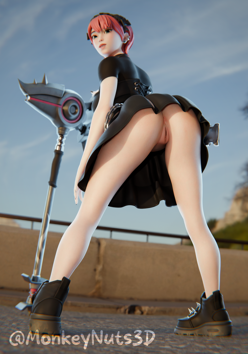 1girls, artist signature, artist upload, ass, exhibitionism, female, female only, fortnite, fortnite: battle royale, looking at viewer, looking back, mina park (fortnite), monkeynuts3d, pink hair, pussy, self upload, upskirt