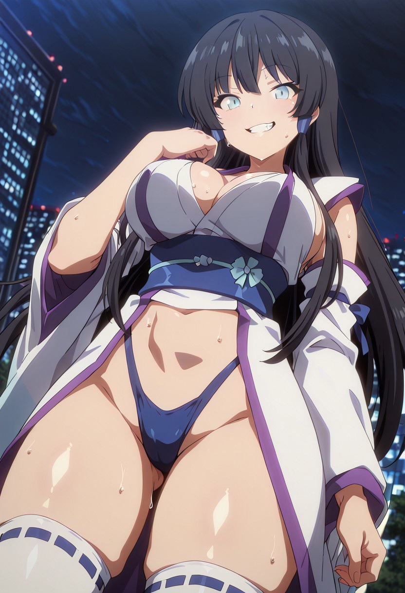 1girls, ai assisted, ai generated, astaroth (sentouin hakenshimasu!), black hair, blue eyes, blue thong, breasts, breasts out, breasts out of clothes, color, colored, female, fingerless gloves, from below, gloves, huge breasts, japanese clothing, large breasts, light skin, light-skinned female, long hair, navel, nipples, no bra, open mouth, primer ai, pussy, sandals, sentouin hakenshimasu!, skimpy clothes, solo, solo female, teeth, thong, tongue, uncensored, vaginal penetration, white legwear, white thighhighs, zouri