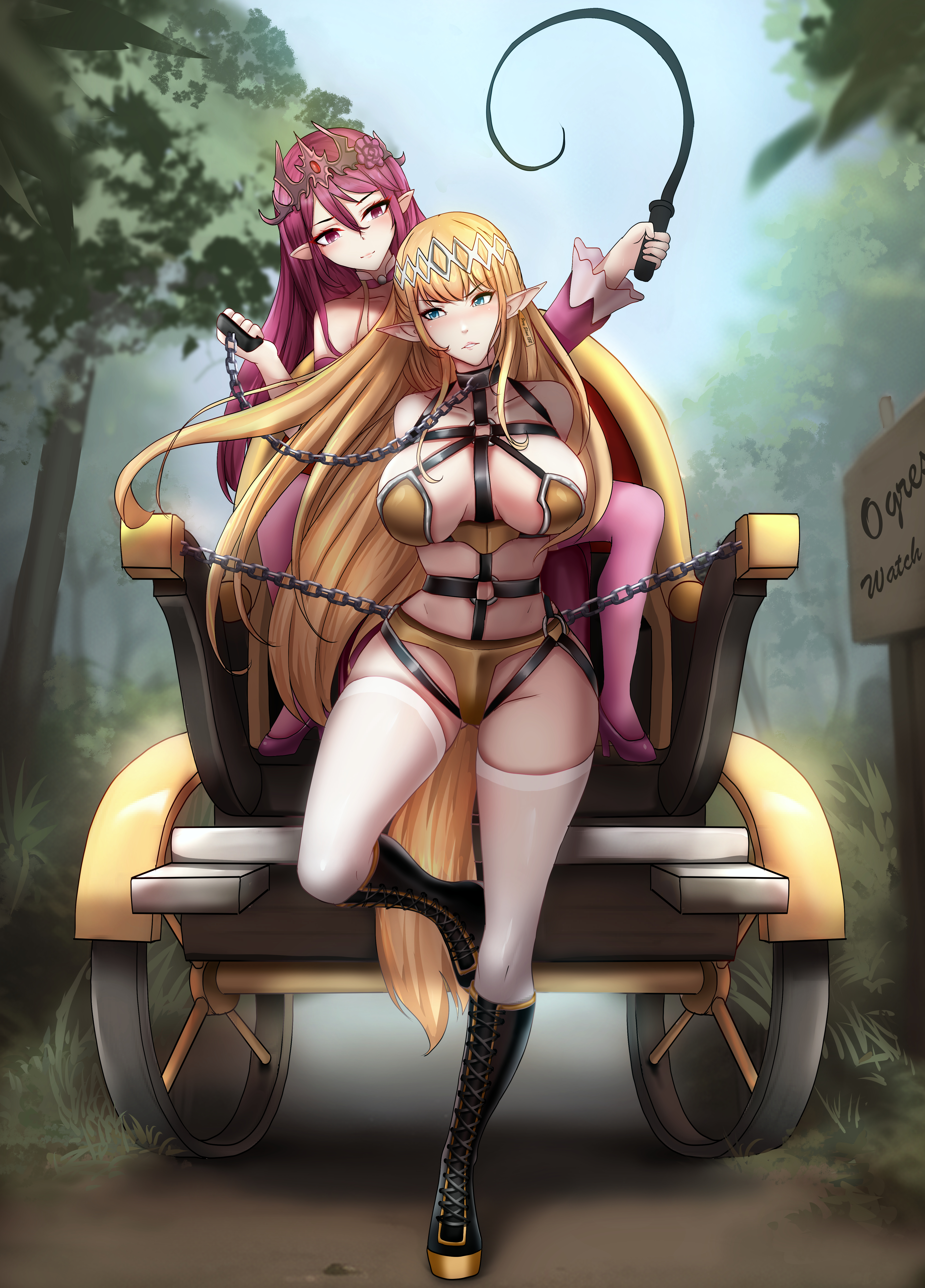 2girls, arms behind back, artist request, blonde female, blonde hair, blue eyes, bondage, bondage outfit, bound, bound arms, bound wrists, breasts, carriage, chained, chained collar, chains, collar, ear tag, elf, elf ears, elf female, english text, enslaved, female, female focus, female only, femdom, femsub, forced labor, forest, forest background, harness, hoof boots, horseplay, large breasts, leash, leash and collar, long hair, long legs, petplay, pointy ears, pony girl, ponygirl, ponyplay, pulling carriage, purple hair, revealing clothes, running, sign, slave, slave girl, smug, tagme, thighhighs, trail, wheel, whip