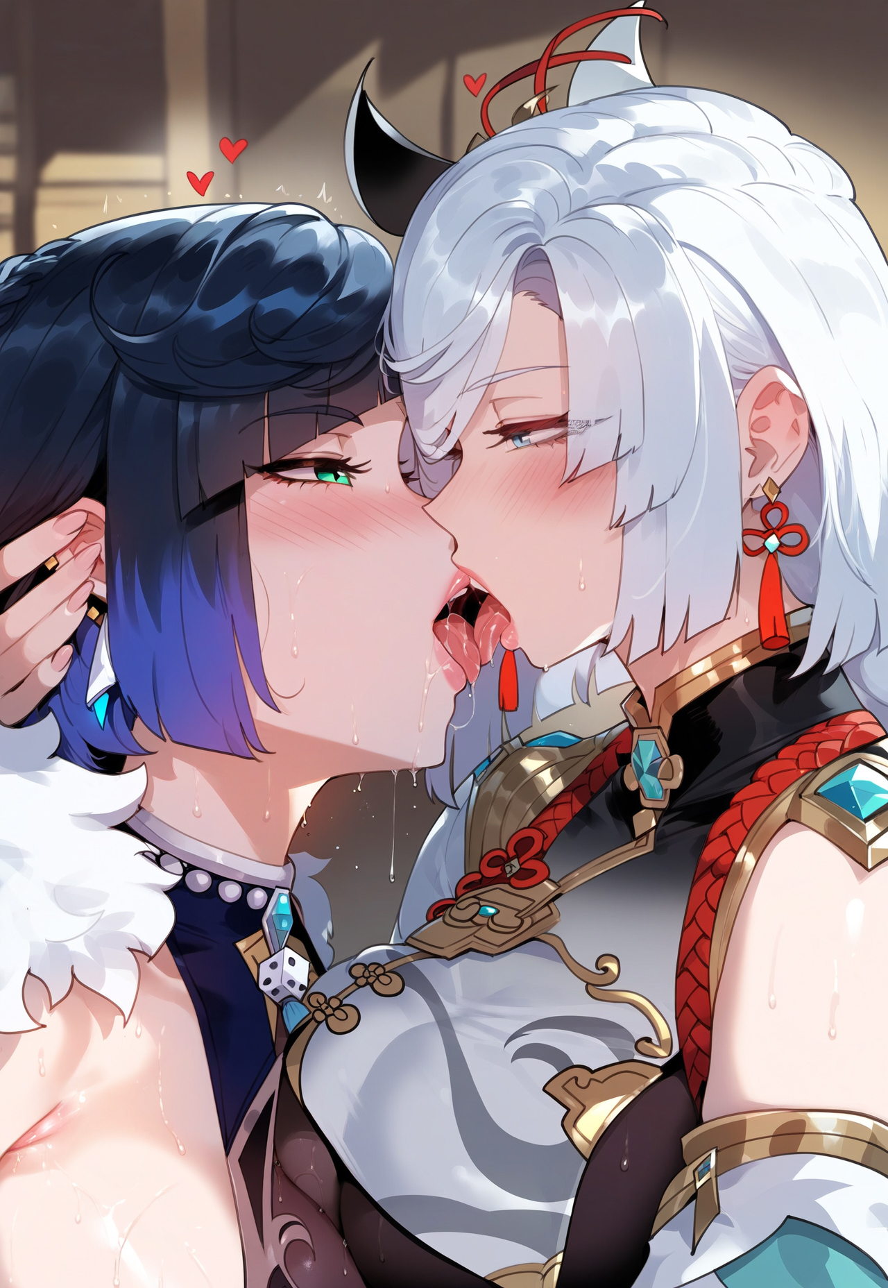 2girls, after kiss, ai generated, bangs, bare shoulders, black hair, blue eyes, blue hair, blush, bob cut, braid, breast curtain, breast press, breasts, clothing, clothing cutout, curvaceous, curvaceous female, curvaceous figure, curvy, curvy figure, diagonal bangs, dice, earrings, eye contact, eyes visible through hair, female, female only, french kiss, genshin impact, green eyes, hair ornament, half-closed eyes, hand on another's head, hoyoverse, jewelry, kissing, large breasts, long hair, looking at another, makeup, mihoyo, miyuai, multicolored hair, multiple females, multiple girls, nail polish, neck tassel, open mouth, saliva, saliva drip, saliva trail, shenhe (genshin impact), short hair, sweat, symmetrical docking, tassel, tassel earrings, tongue, tongue out, upper body, voluptuous, voluptuous female, white hair, yelan (genshin impact), yuri