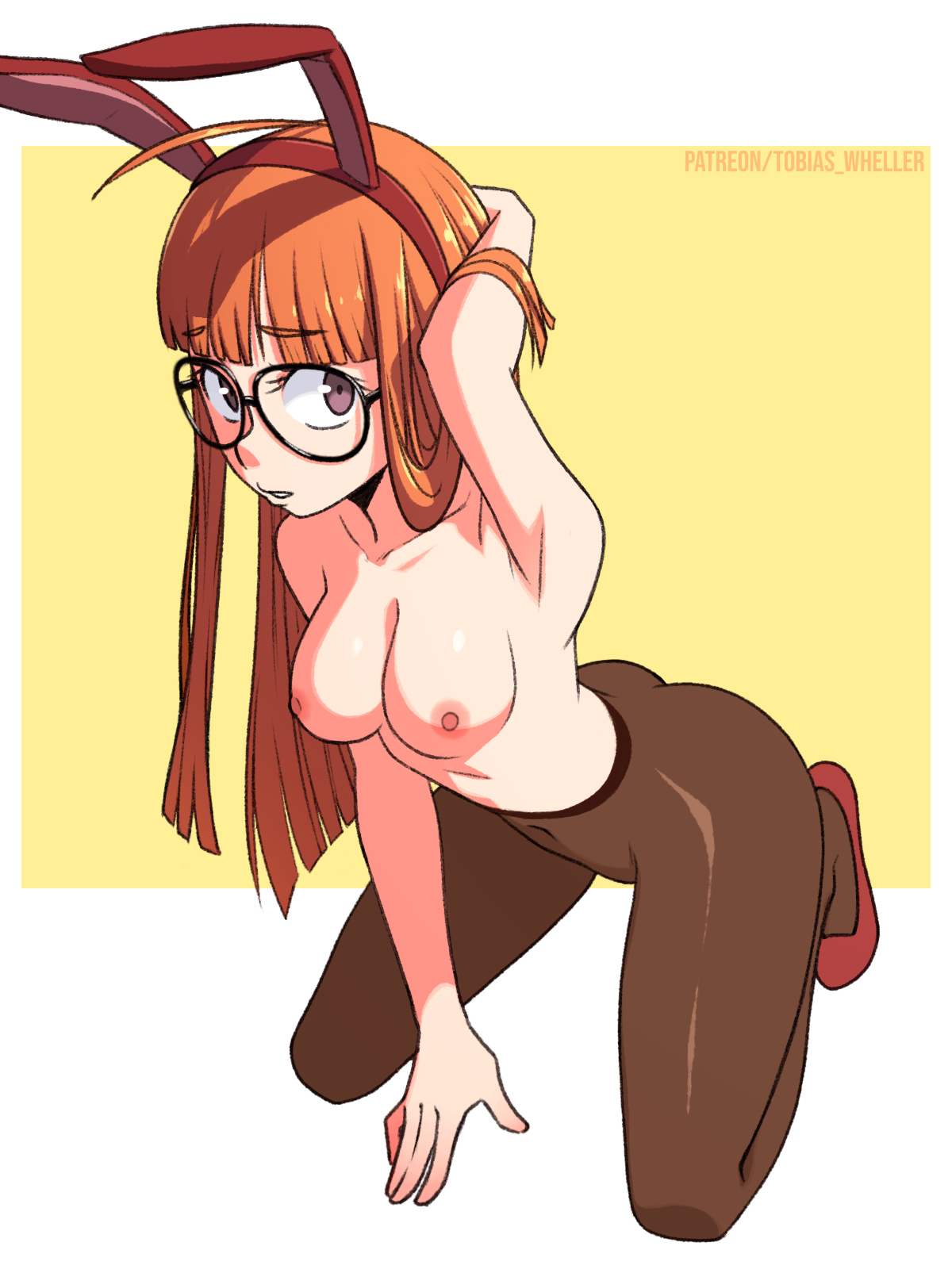 2d, 2d (artwork), atlus, breasts, breasts out, bunny ears, bunny girl, cute, female, female focus, female only, human, human only, persona, persona 5, petite, petplay, sakura futaba, solo, solo female, solo focus