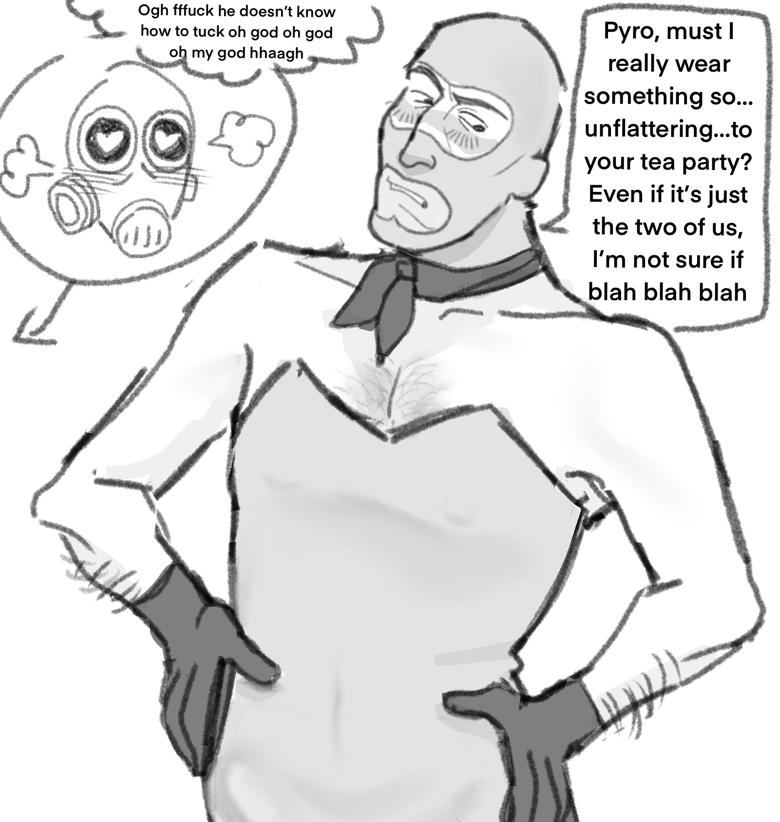 ambiguous gender, arm hair, bulge through clothing, chest hair, crossdressing, forced feminization, forcefem, gay, greyscale, male, pyro (team fortress 2), scvmwrld, spy (team fortress 2), team fortress 2