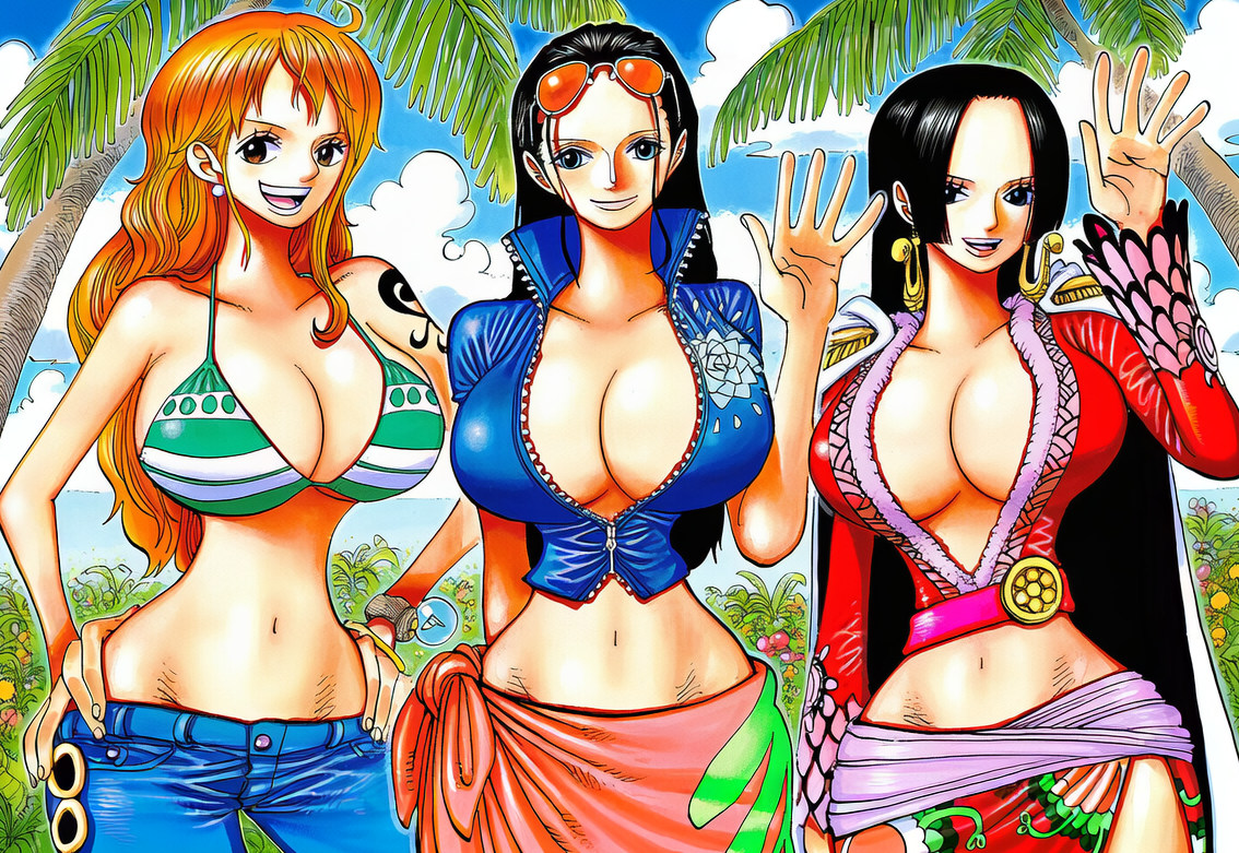 3girls, accurate art style, accuratemanga, ai generated, arm tattoo, beach, black hair, black tattoo, black-haired female, blue eyes, boa hancock, breasts, clothing, day, female, female only, gigantic breasts, group, happy, huge ass, huge breasts, large breasts, light skin, light-skinned female, long hair, looking at viewer, looking away, manga, nami (one piece), nico robin, one piece, orange hair, orange-haired female, original, outdoors, outside, slim waist, smile, standing, suggestive, tattoo, thick thighs