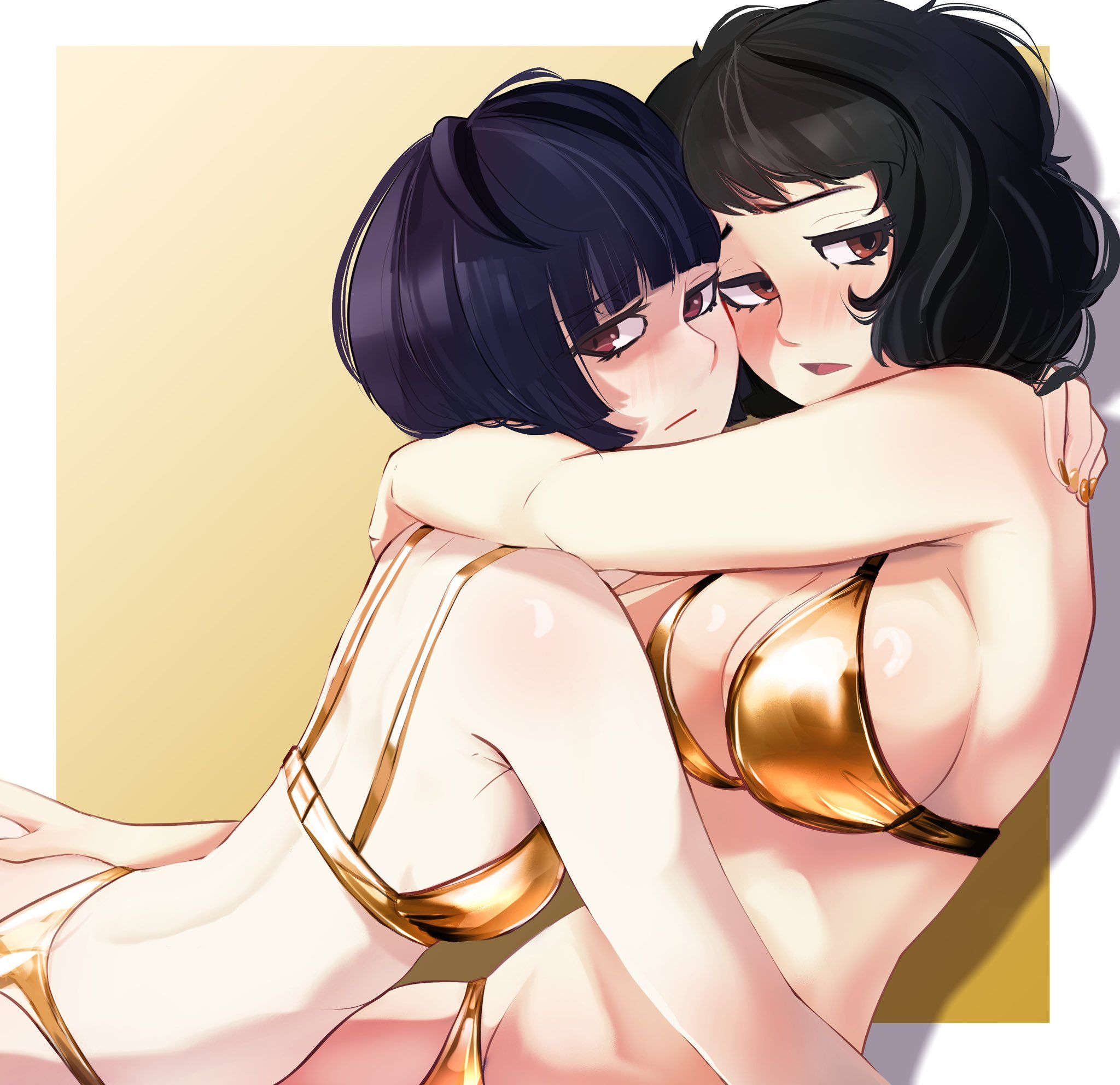 2girls, atlus, bikini, black hair, blunt bangs, blush, blysill, brown eyes, cleavage, gold bikini, golden week, gradient background, hugging, large breasts, looking at viewer, medium breasts, persona, persona 5, sadayo kawakami, short hair, sideboob, tae takemi, yuri