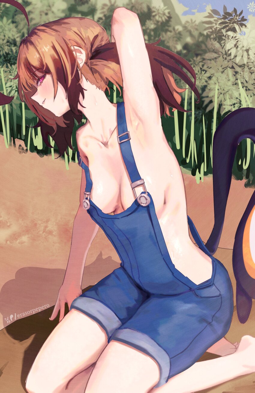 absurdres, alternate costume, arm up, armpits, blue overalls, breasts, brown hair, day, erasorpepero, female, gigi murin, highres, hololive, hololive english, hololive english -justice-, naked overalls, outdoors, overalls, pink eyes, small breasts, solo, tail, twintails, virtual youtuber