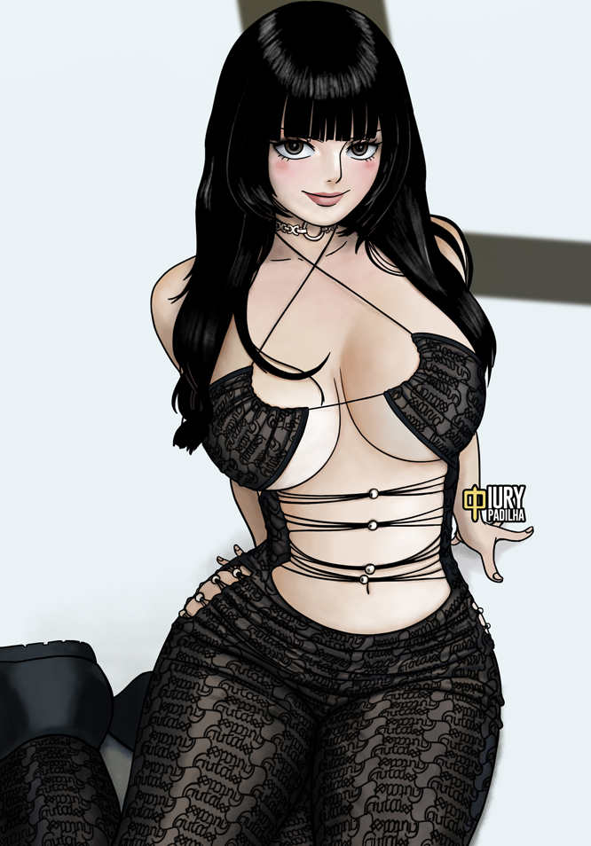 1girls, artist name, beautiful, big ass, big breasts, big thighs, black clothing, black hair, black-haired female, blue eyes, breasts, female, female only, goth, iury padilha, looking at viewer, nico robin, one piece, seductive, sexy, white background, white body