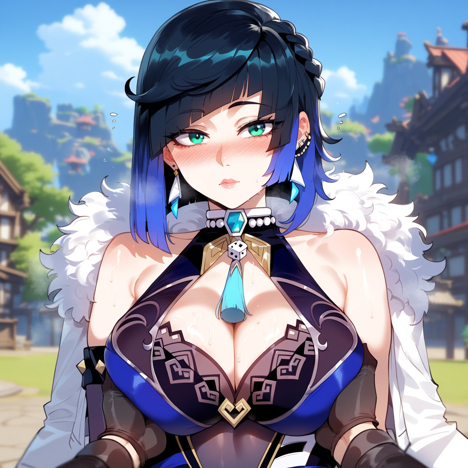 1boy, 1girls, 1other, aether (genshin impact), ai generated, ambiguous gender, bangs, bare shoulders, bead necklace, beads, black gloves, black hair, blue dress, blue hair, blue sky, blush, bob cut, breasts, breasts squeezed together, brown gloves, building, cleavage, cleavage cutout, closed mouth, clothing, clothing cutout, cloud, curvaceous, curvaceous female, curvaceous figure, curvy, curvy figure, day, diagonal bangs, dice, dress, ear piercing, earrings, elbow gloves, female, female focus, flying sweatdrops, fur trim, fur-trimmed jacket, gem, genshin impact, gloves, grabbing, grabbing another's breast, gradient hair, green eyes, hoyoverse, jacket, jacket on shoulders, jewelry, large breasts, lips, looking at viewer, male, mihoyo, miyuai, mole, mole on breast, multicolored hair, neck ring, neck tassel, nose blush, outdoors, pearl necklace, piercing, pov hands, shenhe (genshin impact), short hair, sky, sleeveless, solo focus, straight, sweat, tassel, two-tone hair, upper body, voluptuous, voluptuous female, white jacket, yelan (genshin impact)