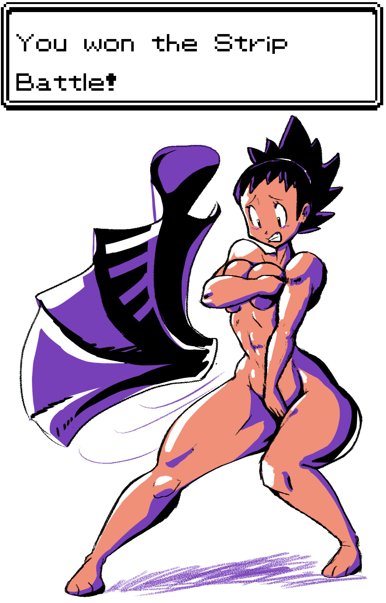 1girls, assisted exposure, breasts, covering, embarrassed, embarrassed nude female, enf, female, fishtrash, gym leader, janine (pokemon), muscular, nintendo, nude, pokemon, pokemon gsc