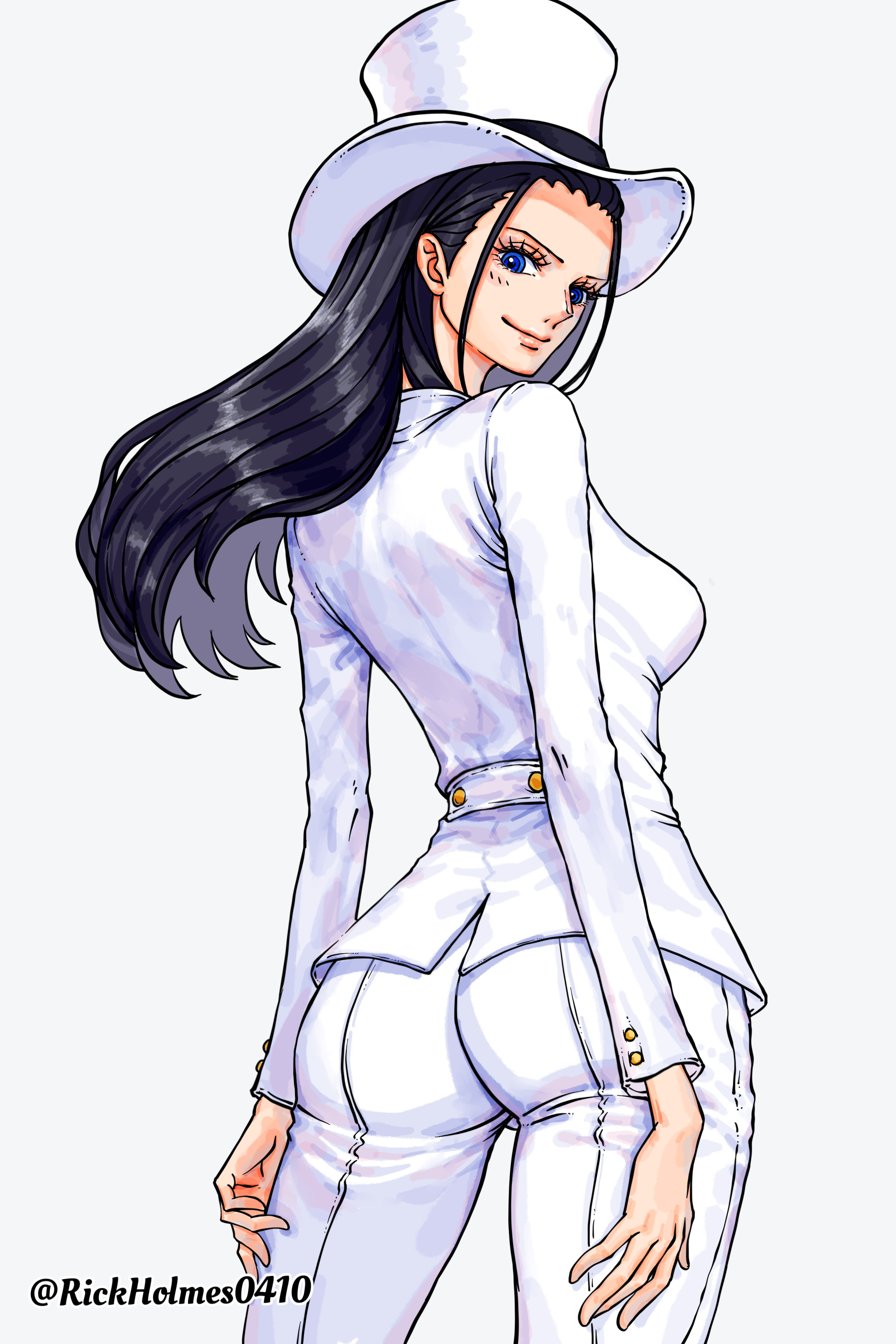 1girls, ass, back view, big ass, big breasts, black hair, black-haired female, blue eyes, breasts, cosplay, female, female only, hat, looking at viewer, nico robin, one piece, rickholmes0410, rob lucci, seductive, sexy, sideboob, smile, white background