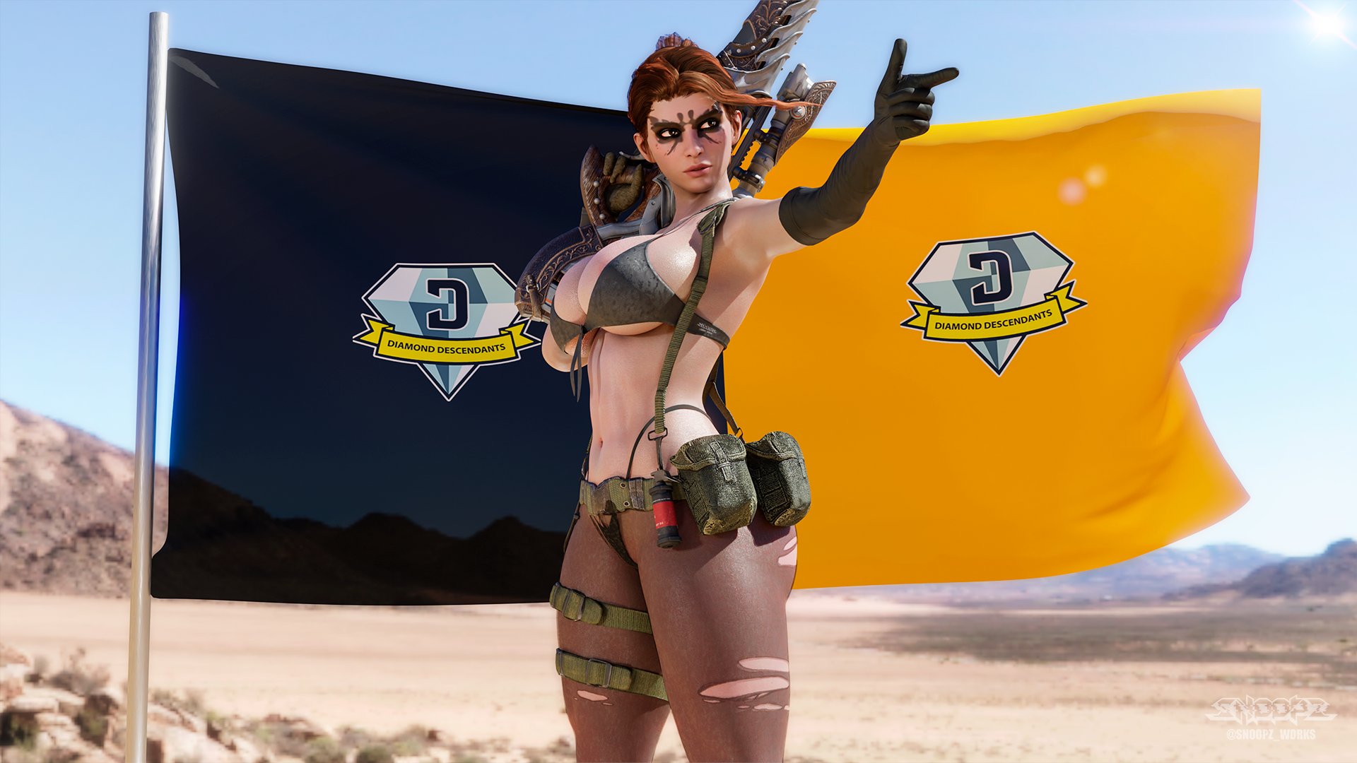 16:9, 1girls, 3d, ass, big breasts, black gloves, breasts, brown eyes, brown hair, cleavage, cosplay, crossover, curvaceous, curvy, curvy figure, desert, elbow gloves, english text, female, female only, flag, flashback, gloves, gun, hailey (the first descendant), hips, holding, holding gun, holding object, holding weapon, huge breasts, keyd10iori, konami, large breasts, light skin, light-skinned female, mature, mature female, metal gear, metal gear solid, metal gear solid v, nexon, pointing, quiet (metal gear) (cosplay), slim waist, sniper rifle, snoopz, text, the first descendant, thick, thick hips, thick legs, thick thighs, thighs, voluptuous, waist, wide hips