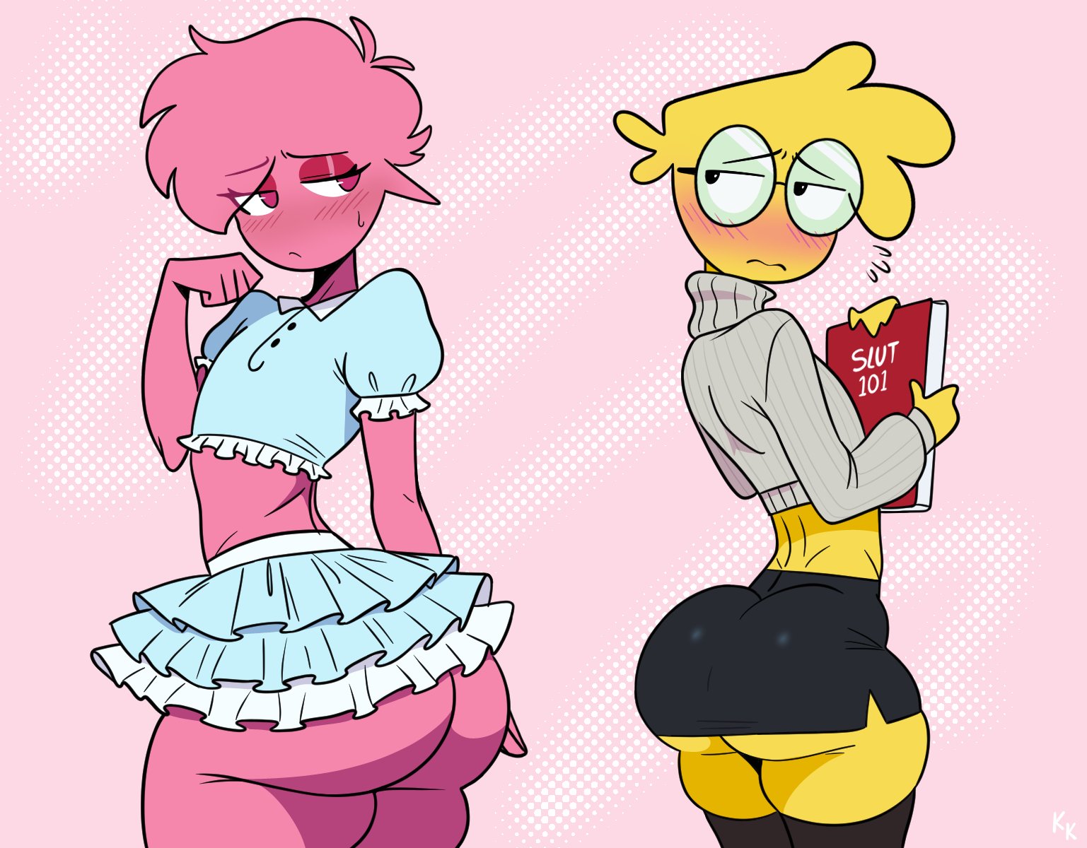 2boys, bubble butt, femboy, feminine body, feminine male, feminine pose, frilled skirt, gay, glasses, kaptainkolor, male, nerd, original, pencil skirt, pink (kaptainkolor), round ass, skirt, thighhighs, turtleneck sweater, voluptuous, voluptuous male, yaoi, yellow (kaptainkolor)