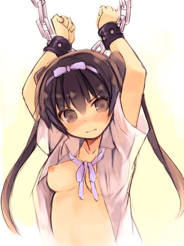 3:< arms_up bangs blush bow breasts brown_eyes brown_hair chains closed_mouth collarbone cuffs dress_shirt eyebrows_visible_through_hair female hair_between_eyes hair_ribbon hairbow kurasuke long_hair looking_at_viewer medium_breasts nipples open_clothes open_shirt purple_bow purple_ribbon ribbon shackles shirt short_sleeves sidelocks solo twintails upper_body