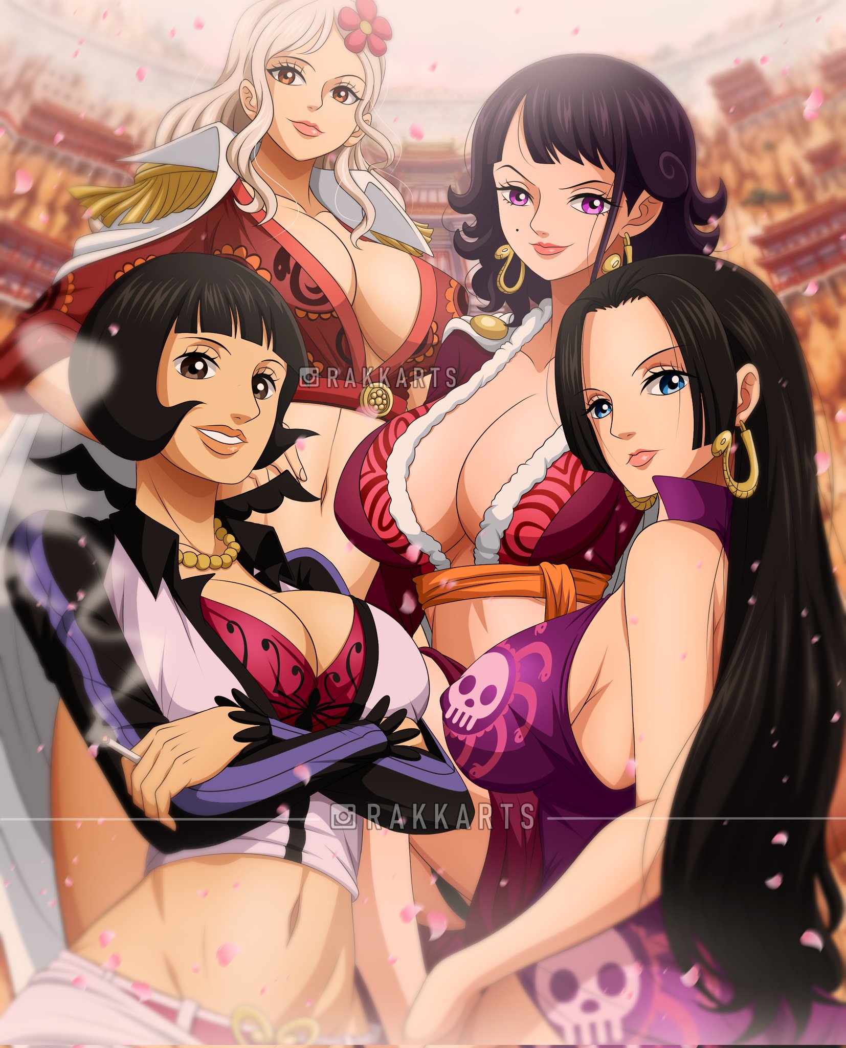 4girls, amazon lily, artist name, big breasts, black hair, black-haired female, blue eyes, boa hancock, breasts, cleavage, empress, female, female only, gloriosa (one piece), jewelry, kuja tribe, linea alba, long hair, looking at viewer, milf, milfs, one piece, pink hair, pink-haired female, purple dress, rakara11, red skirt, red topwear, seductive, sexy, sfw, shakuyaku, short hair, sideboob, tritoma