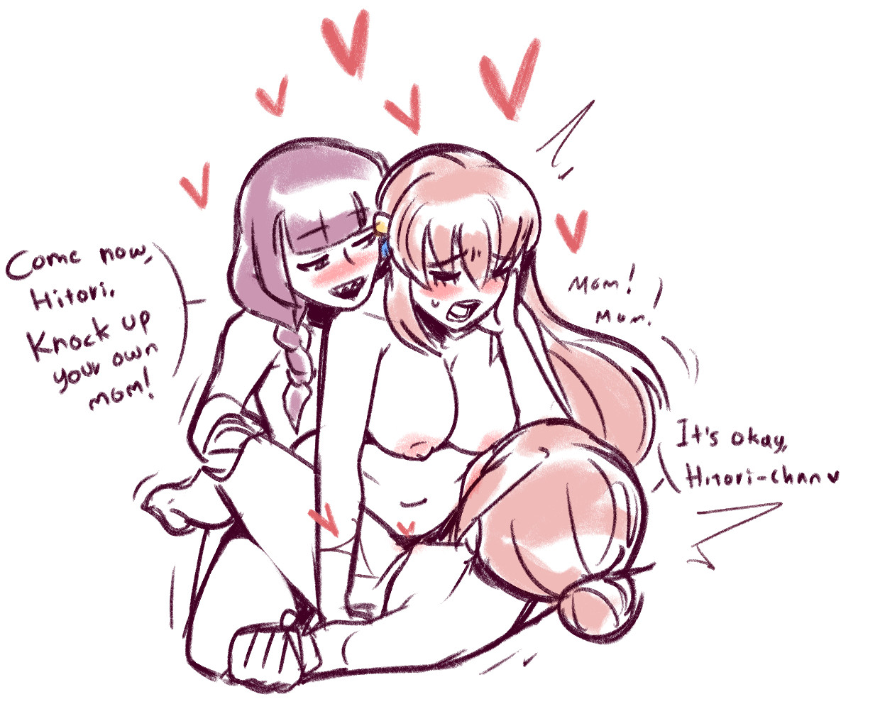 1dickgirl, 1futa, 2d, 2d (artwork), 2d artwork, 2dickgirls, 2futas, 3girls, age difference, areolae, assisted incest, assisted sex, bangdacy, big breasts, blush, bocchi the cock, bocchi the rock!, braid, breast size difference, breasts, chubby, chubby futa, closed eyes, color, completely nude, completely nude female, completely nude futa, daughter, dickgirl, dickgirl/female, encouragement, english, english dialogue, english text, female, female penetrated, futa on female, futa penetrating, futa penetrating female, futa/female, futanari, gotou hitori, gotou michiyo, hair bun, hair tied back, hand on another's face, hand on cheek, hand on face, happy, happy incest, happy sex, heart, hiroi kikuri, imminent impregnation, implied futa, implied penetration, implied vaginal, impregnation, impregnation desire, impregnation request, impregnation risk, inbreeding, incest, intersex, intersex penetrating, intersex penetrating female, intersex/female, large breasts, long hair, love, mature female, milf, missionary position, mommy, mother, mother and daughter, naughty face, nude, nude female, nude futa, older female, parent and child, penetration, penis, pink hair, purple hair, pussy, raised eyebrows, shark teeth, simple background, speech bubble, sweat, text, threesome, touching face, tremble spikes, trembling, vaginal penetration, voyeur, voyeurism, whispering into ear, white background, younger futa, younger penetrating older