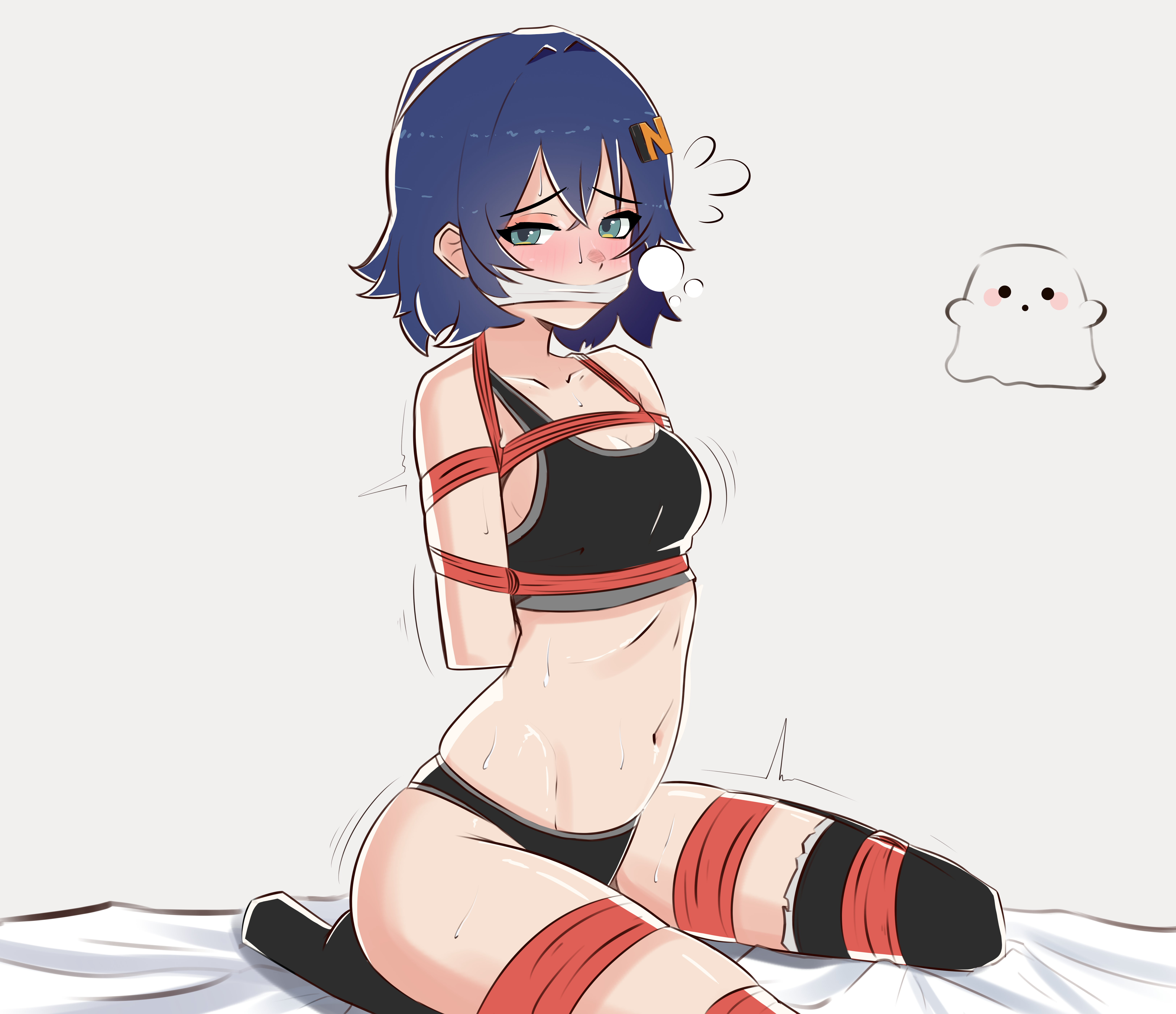 belle (zenless zone zero), blue hair, bondage, bondco, bound, bound arms, cloth gag, female, gag, gagged, garbanzo, sweat, sweatdrop, sweating, underwear, zenless zone zero