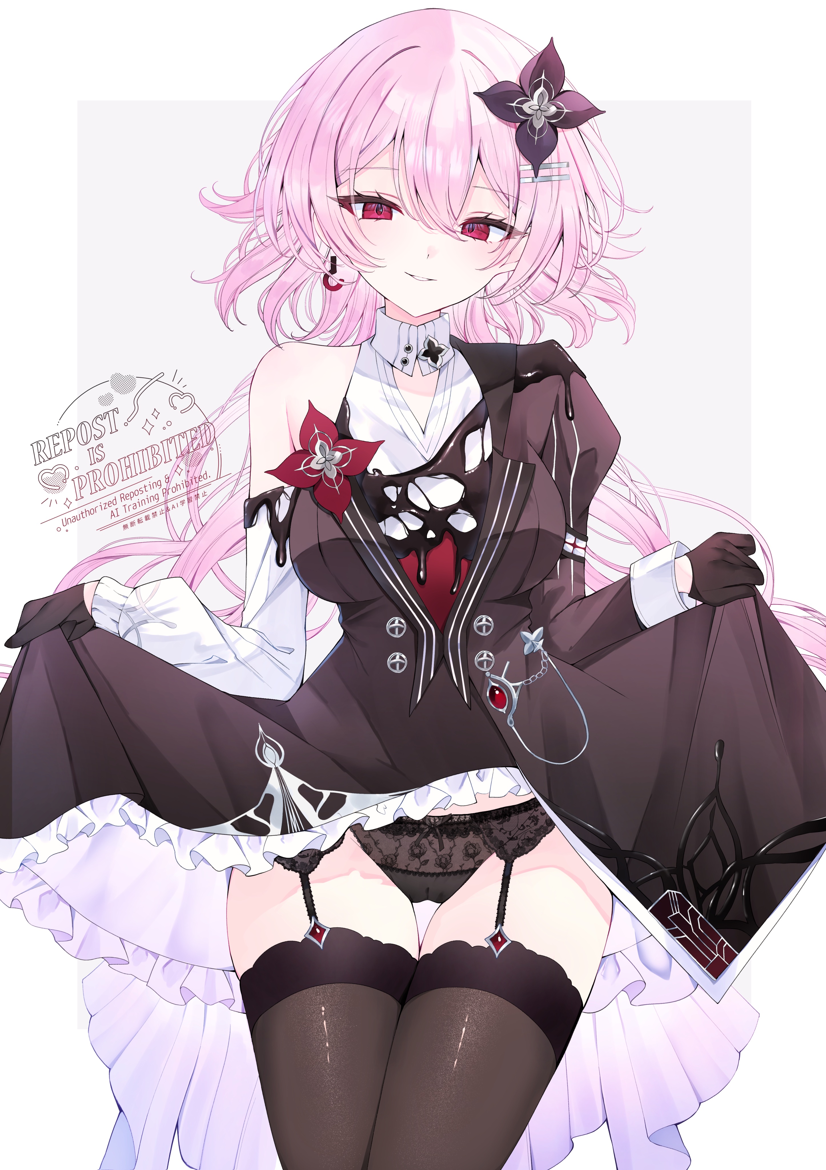 1girls, black dress, black thighhighs, black underwear, dress lift, evernight (honkai: star rail), female, garter belt, garter straps, honkai: star rail, lace, lace-trimmed panties, march 7th (honkai: star rail), panties, pink hair, red eyes, skirt lift, thighhighs, tsuyurieri1228, underwear