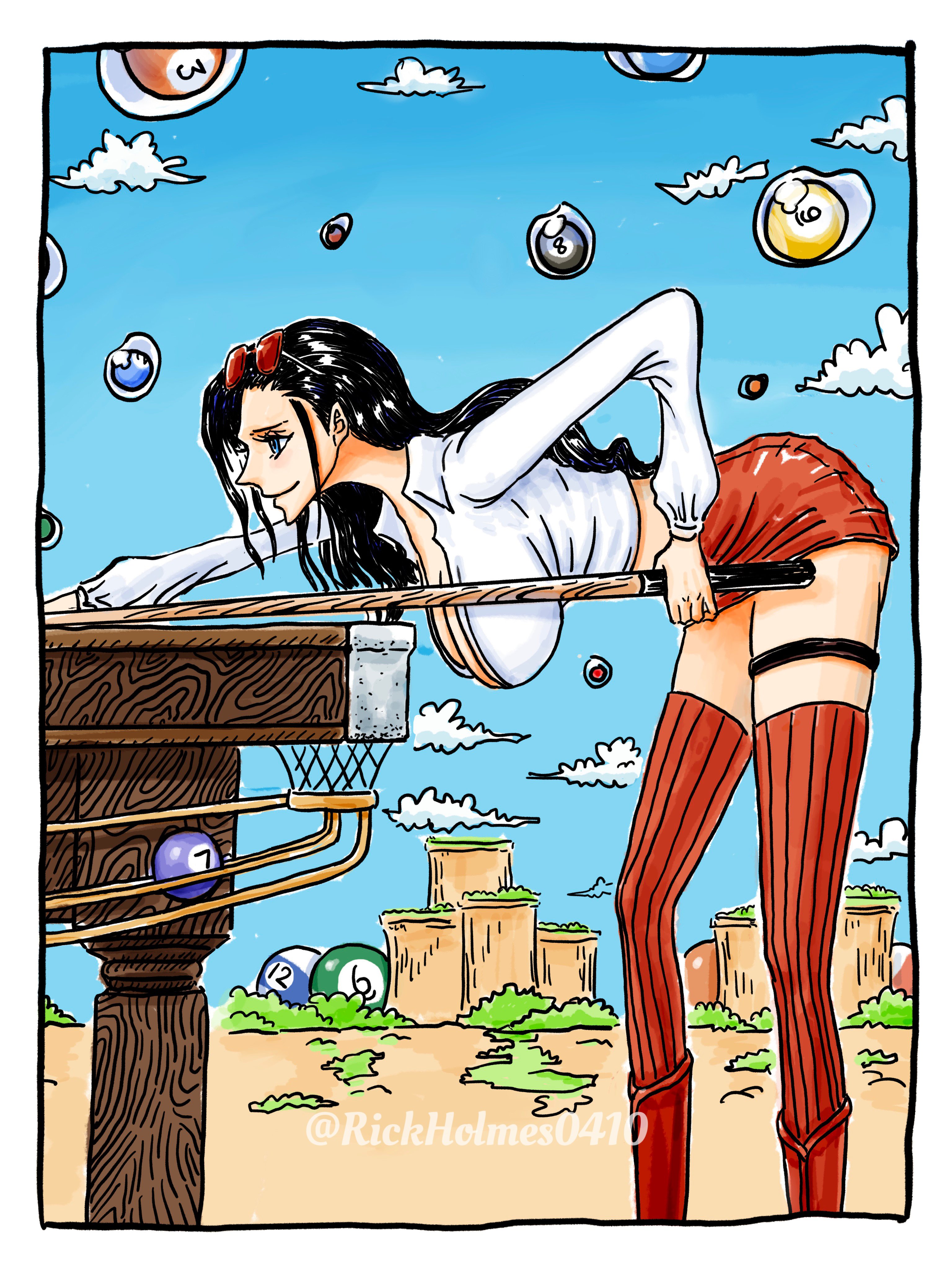 1girls, big breasts, billiard ball, billiards, black hair, black-haired female, breasts, female, female only, hanging breasts, leaning forward, micro skirt, miniskirt, mountain, nico robin, one piece, outside, pool ball, red skirt, rickholmes0410, sagging breasts, short skirt, side view, skirt, sky background