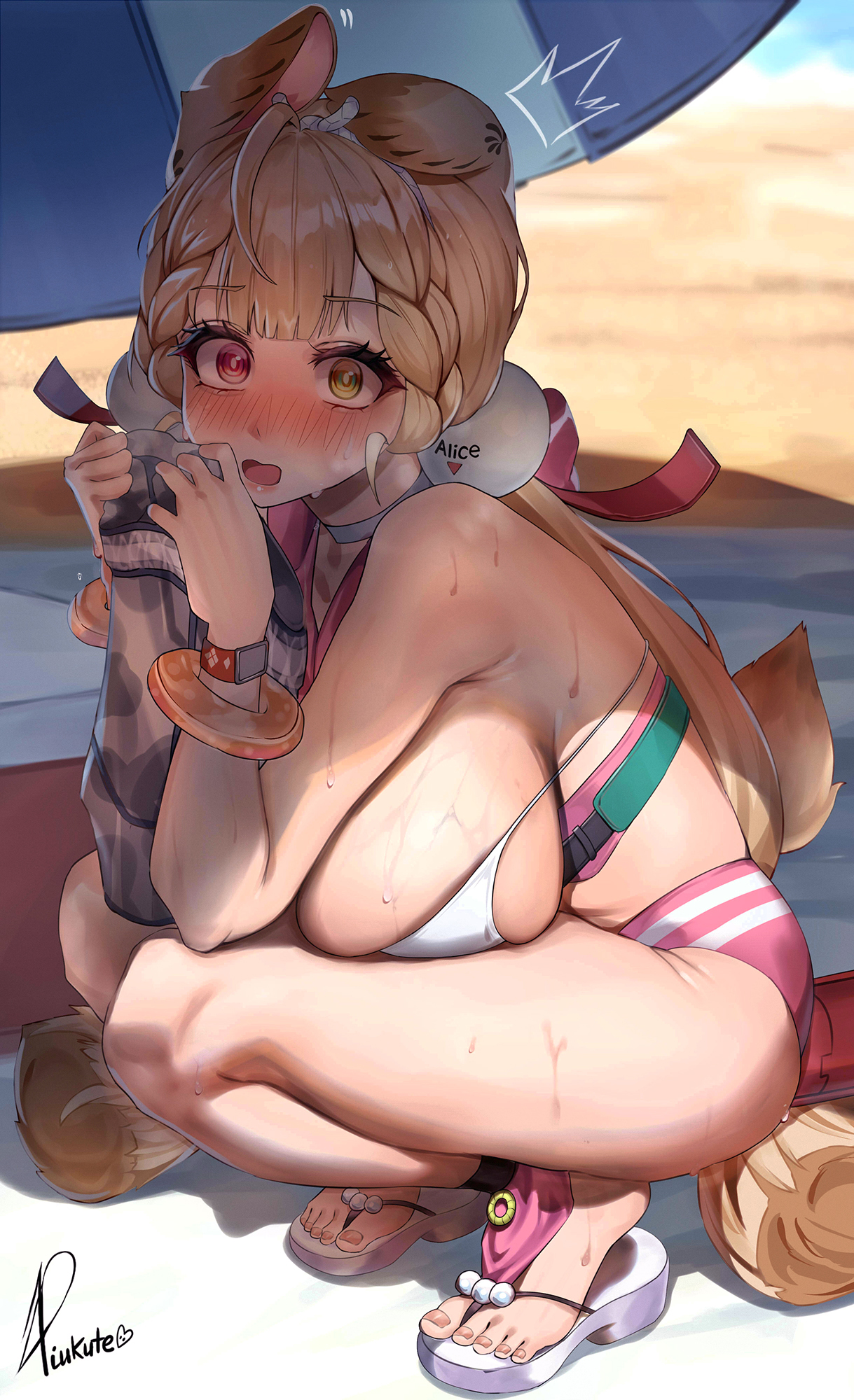 1girls, alice thymefield, alice thymefield (sea of thyme), alternate breast size, animal ears, artist name, bare shoulders, beach, bikini, blonde hair, breasts, choker, commentary, day, embarrassed, english commentary, female, from side, full body, heel pop, heterochromia, highres, holding, huge breasts, long hair, looking at viewer, looking to the side, my lady, official alternate costume, open mouth, outdoors, parasol, piukute062, red eyes, sandals, solo, squatting, swimsuit, thighs, toes, umbrella, very long hair, white choker, yellow eyes, zenless zone zero