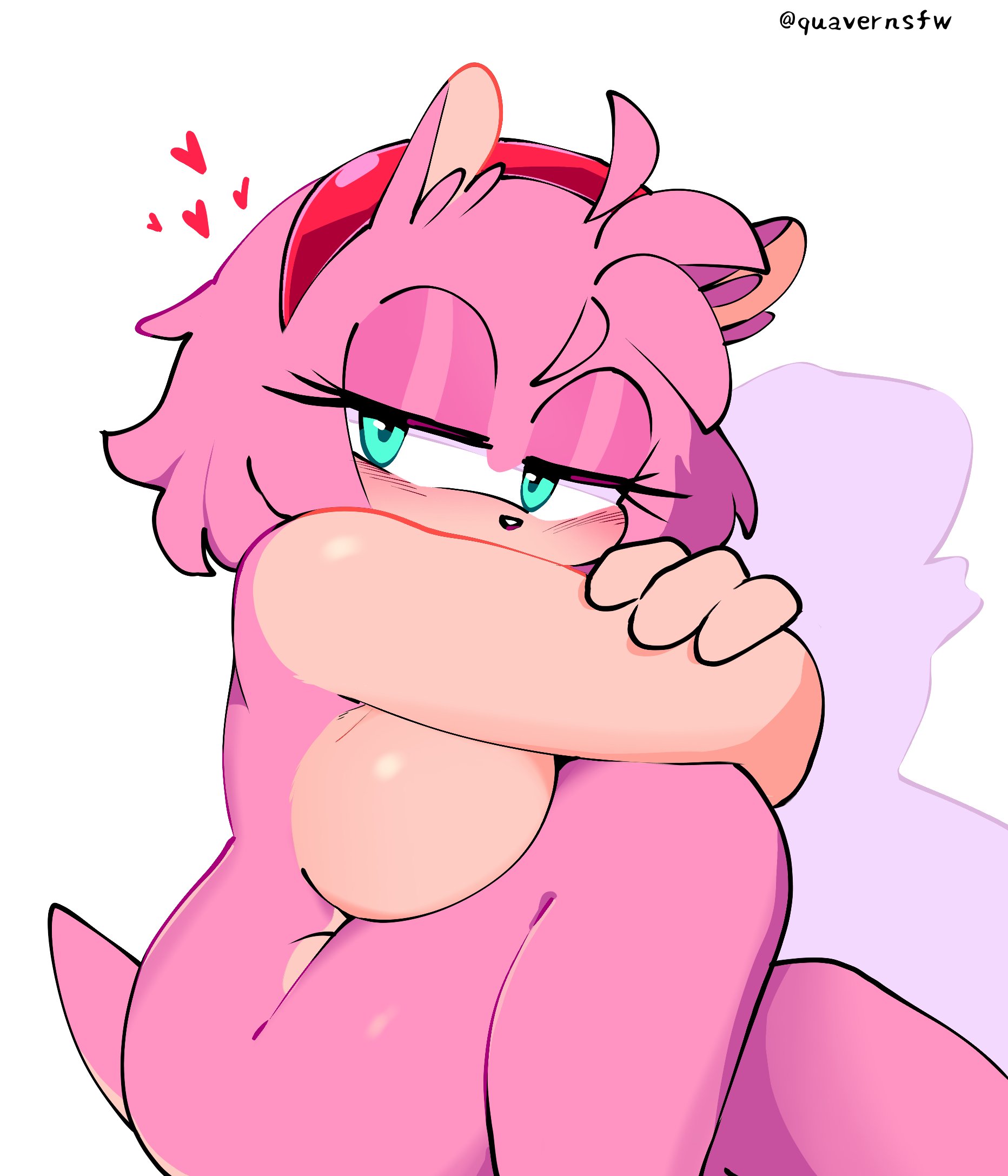 1girls, amy rose, breast press, breasts, completely nude, female, fetal position, green eyes, hairband, heart, huge breasts, looking at viewer, nude, pink fur, quavernsfw, red hairband, sideboob, solo, solo female, sonic (series), white background