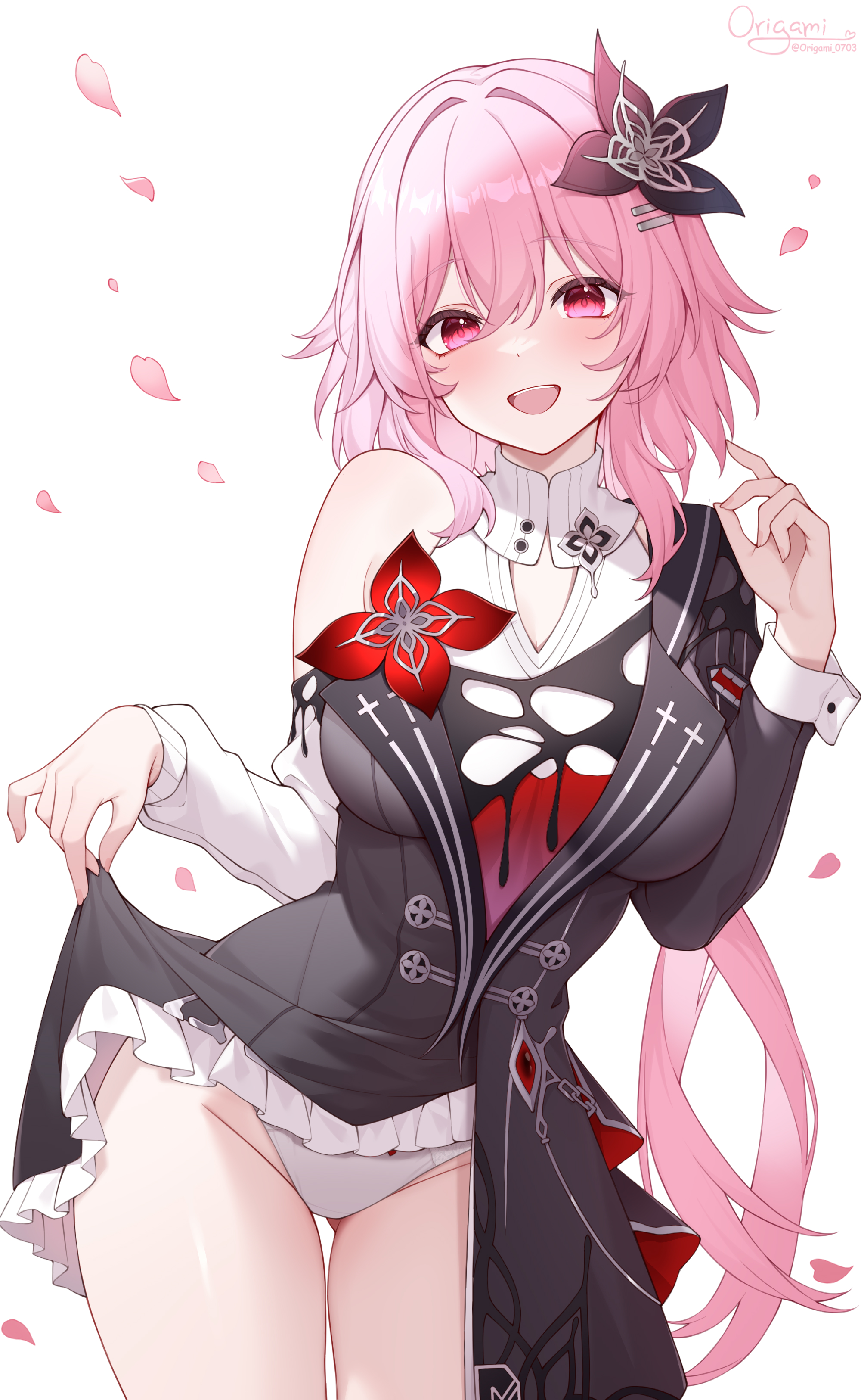 1girls, evernight (honkai: star rail), female, honkai (series), honkai: star rail, hoyoverse, march 7th (honkai: star rail), mihoyo, origami0703, panties, pink hair, red eyes, skirt lift, underwear, white underwear